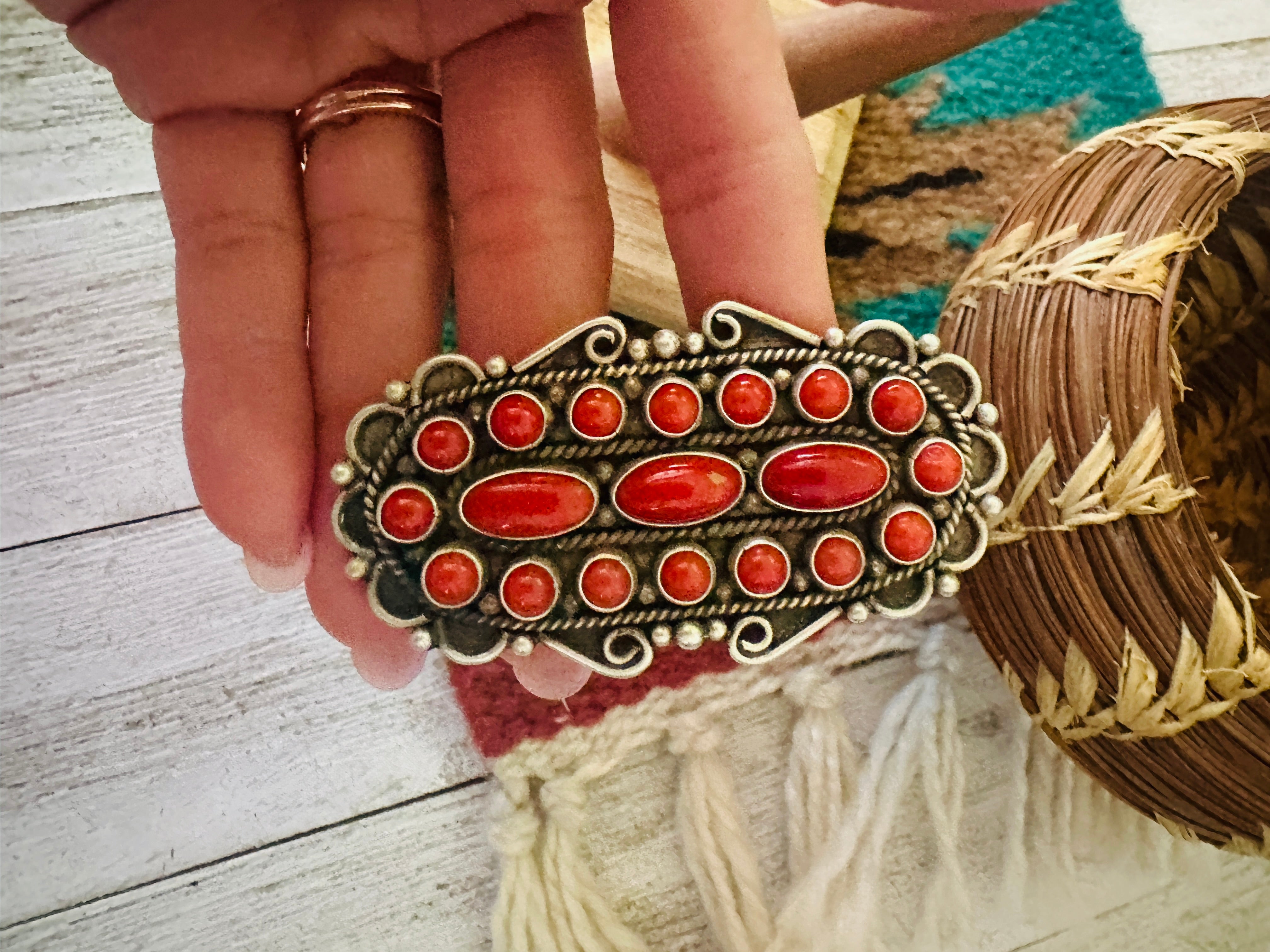 Navajo Sterling Silver and Coral Cluster Ring