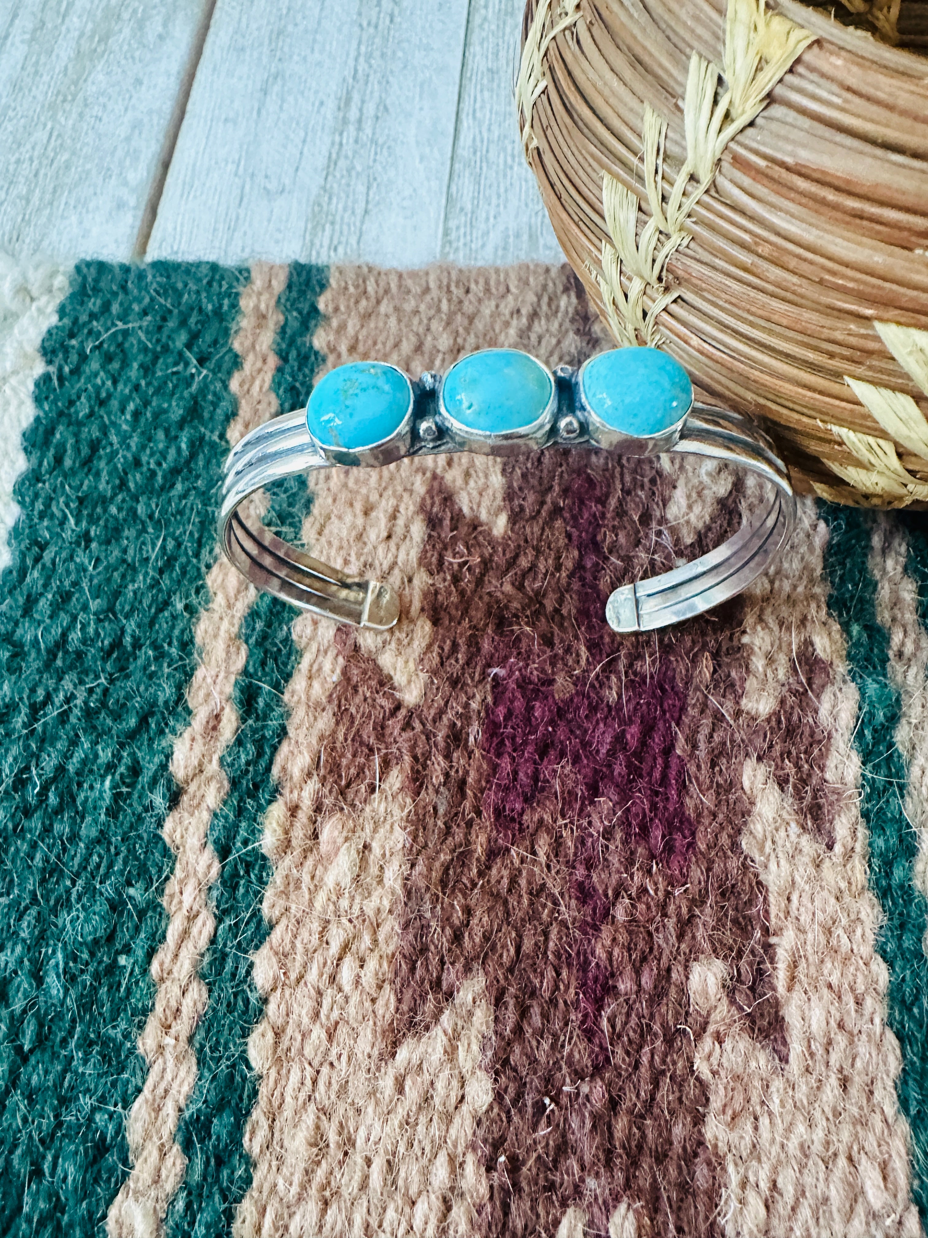 Navajo Turquoise & Sterling Silver 3-Stone Cuff Bracelet