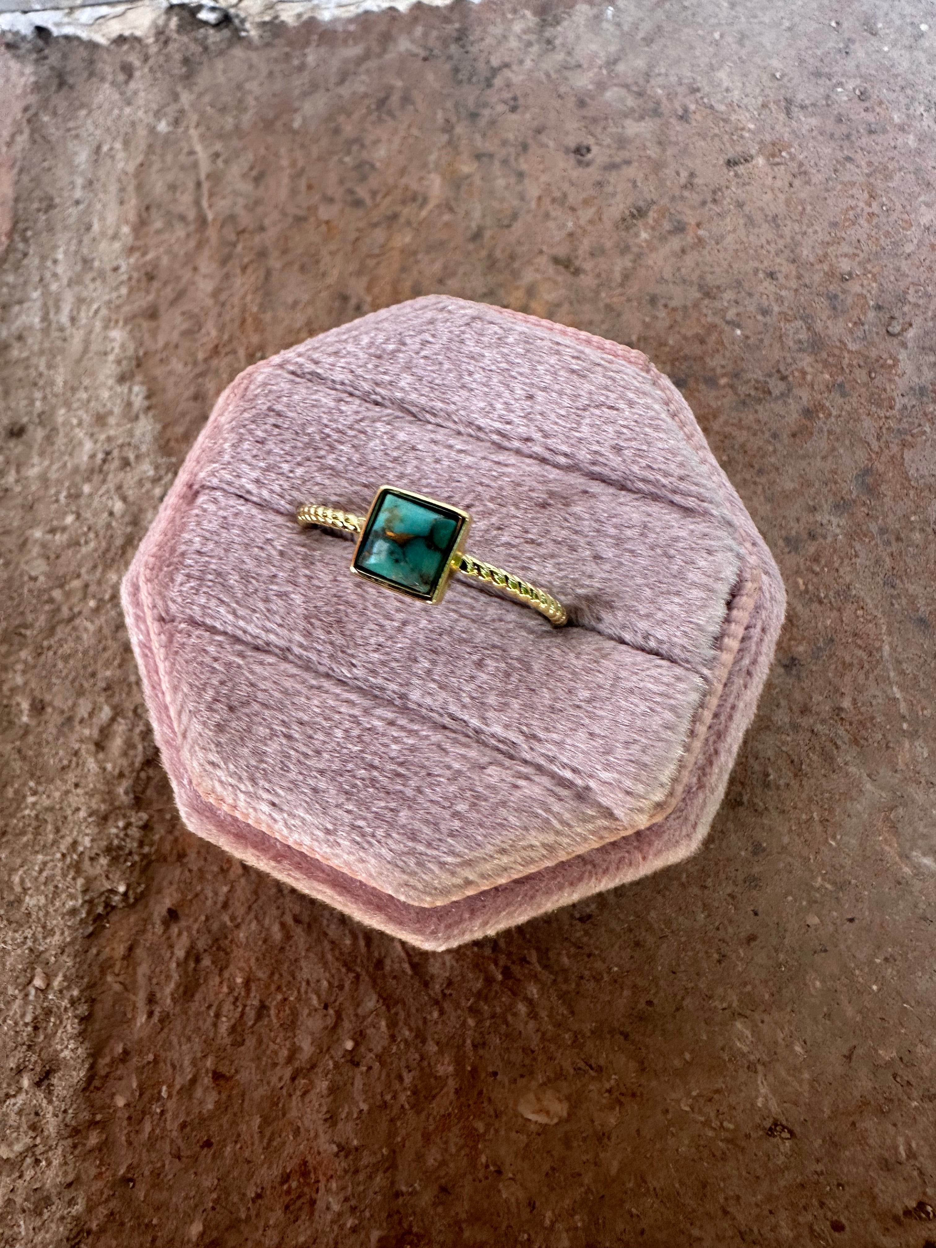 “The Golden Collection” Olive Square Handmade Natural Turquoise 14k Gold Plated Sterling Slver Adjustable Ring