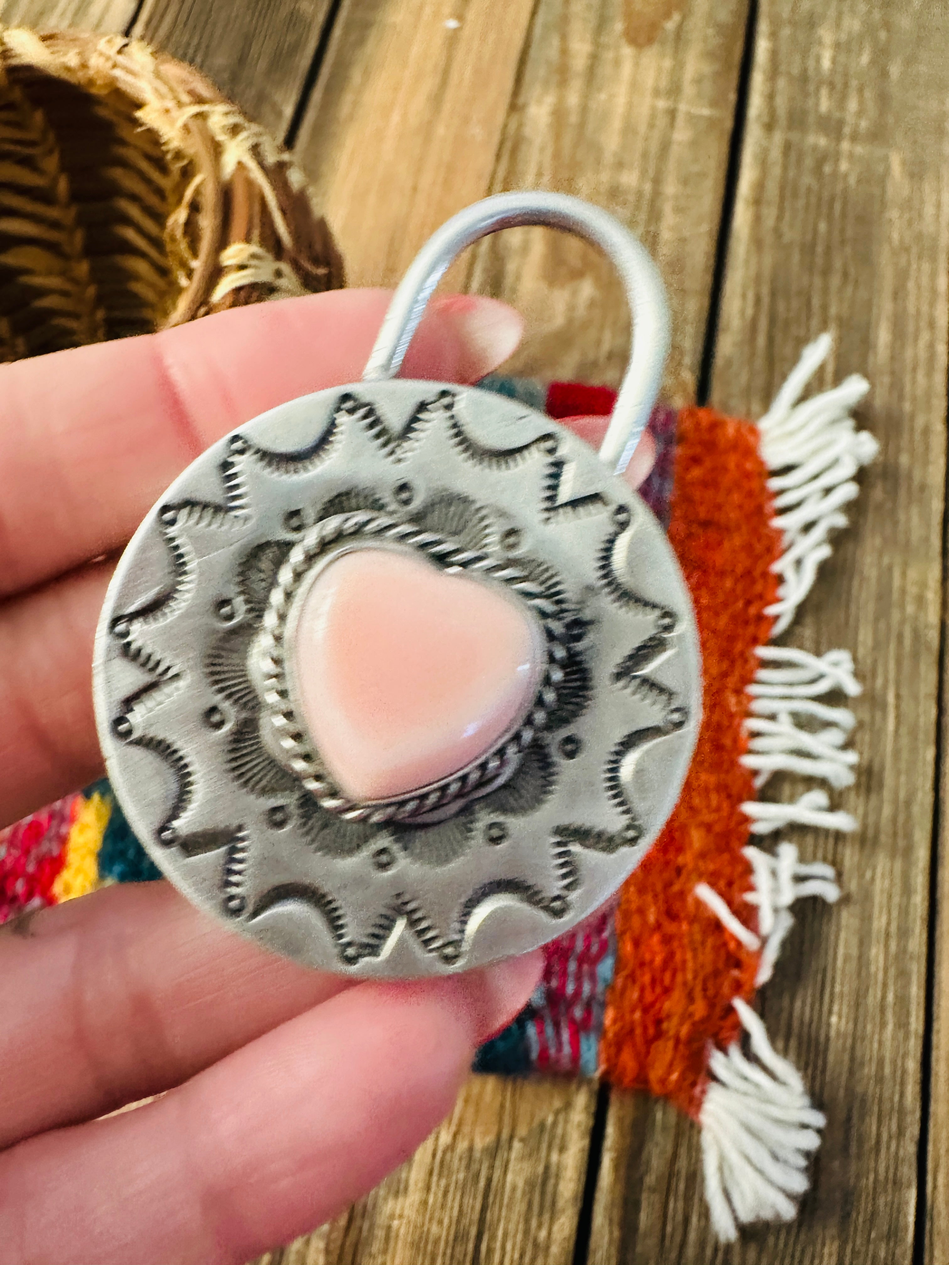 Handcrafted Queen Pink Conch & Sterling Silver Heart Locket Style Pendant by Charles Johnson