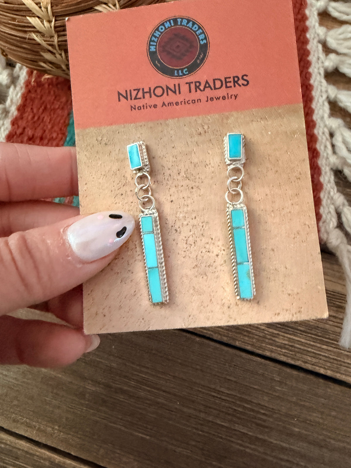 Handcrafted Turquoise & Sterling Silver Inlay Dangle Earrings