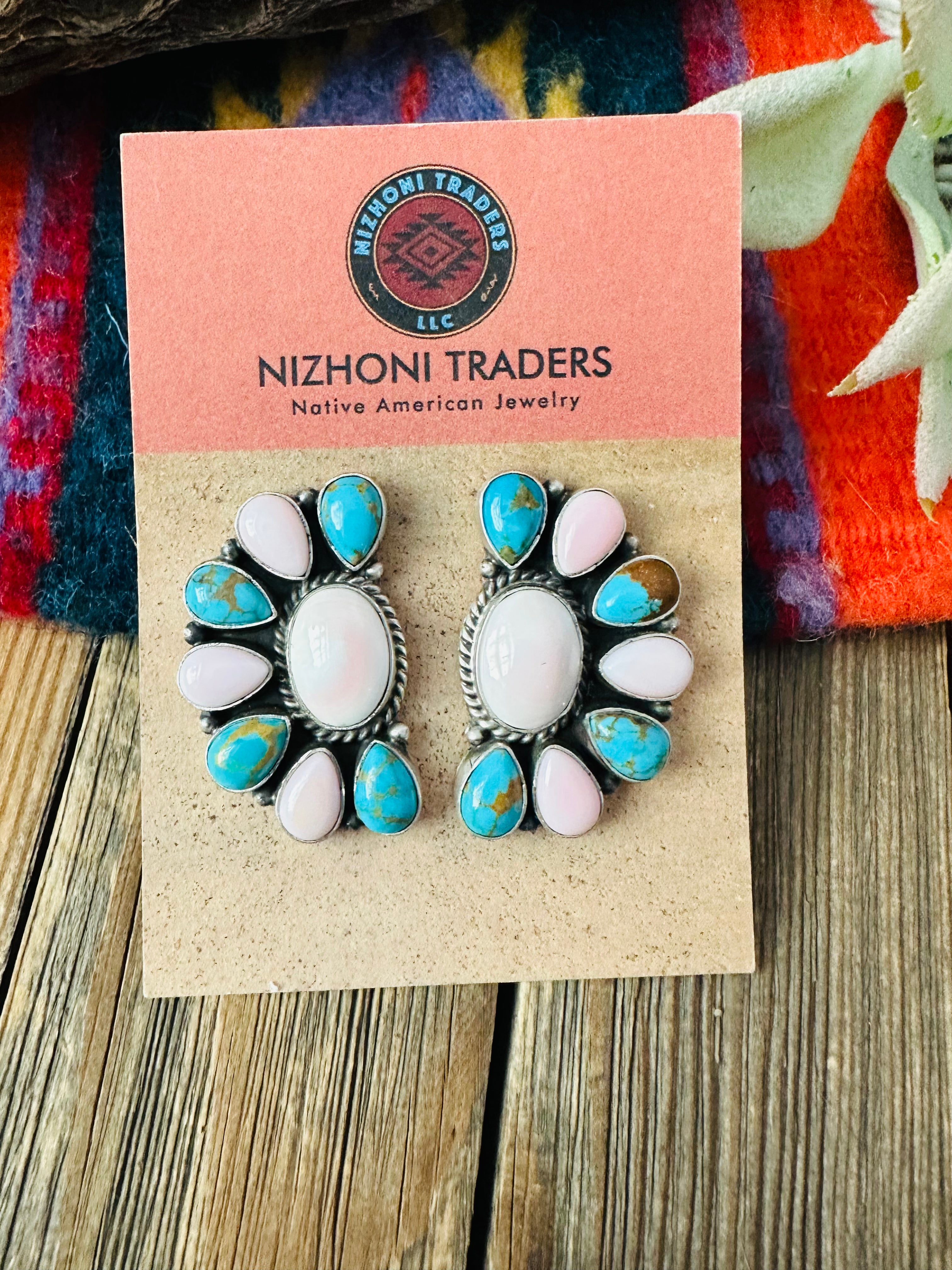 Navajo Turquoise, Queen Pink Conch & Sterling Silver Cluster Stud Earrings