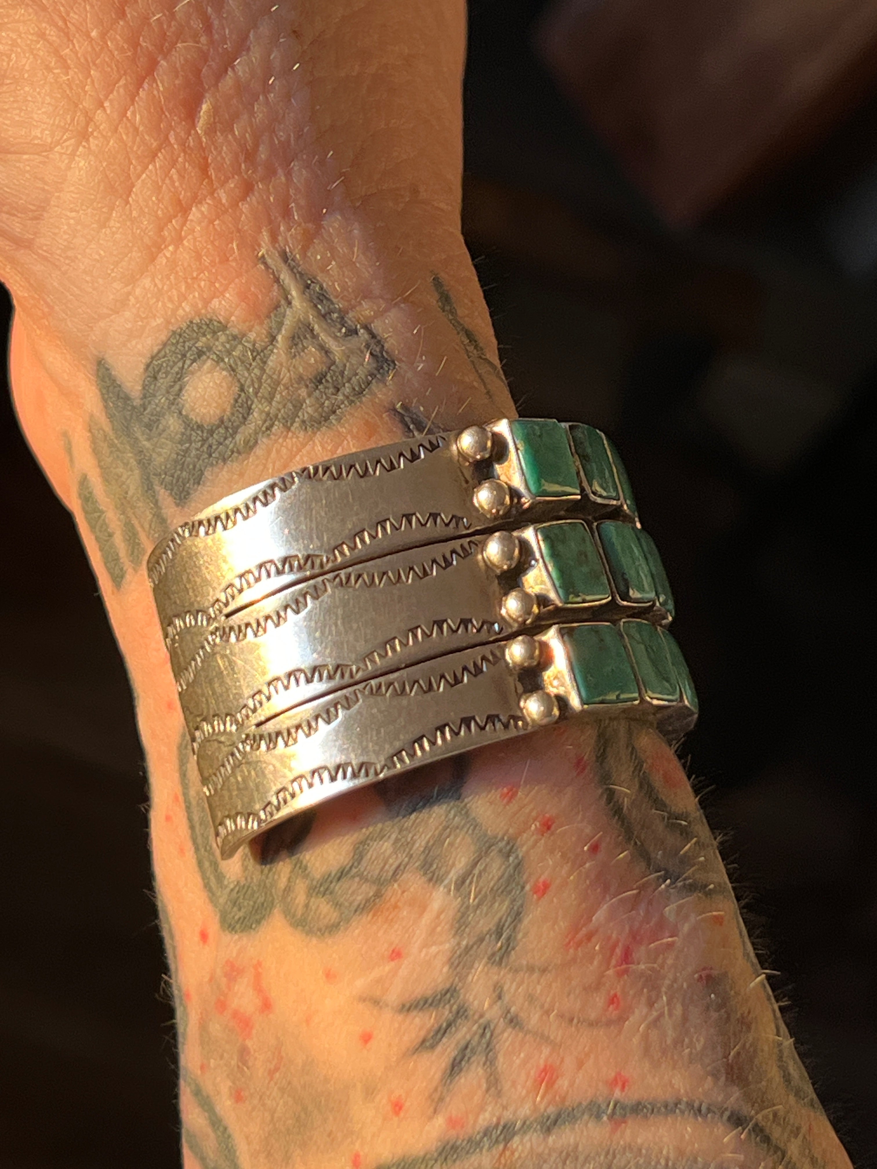 Handcrafted Vintage Sterling Silver and Turquoise Triple Row Square Stone Cuff /