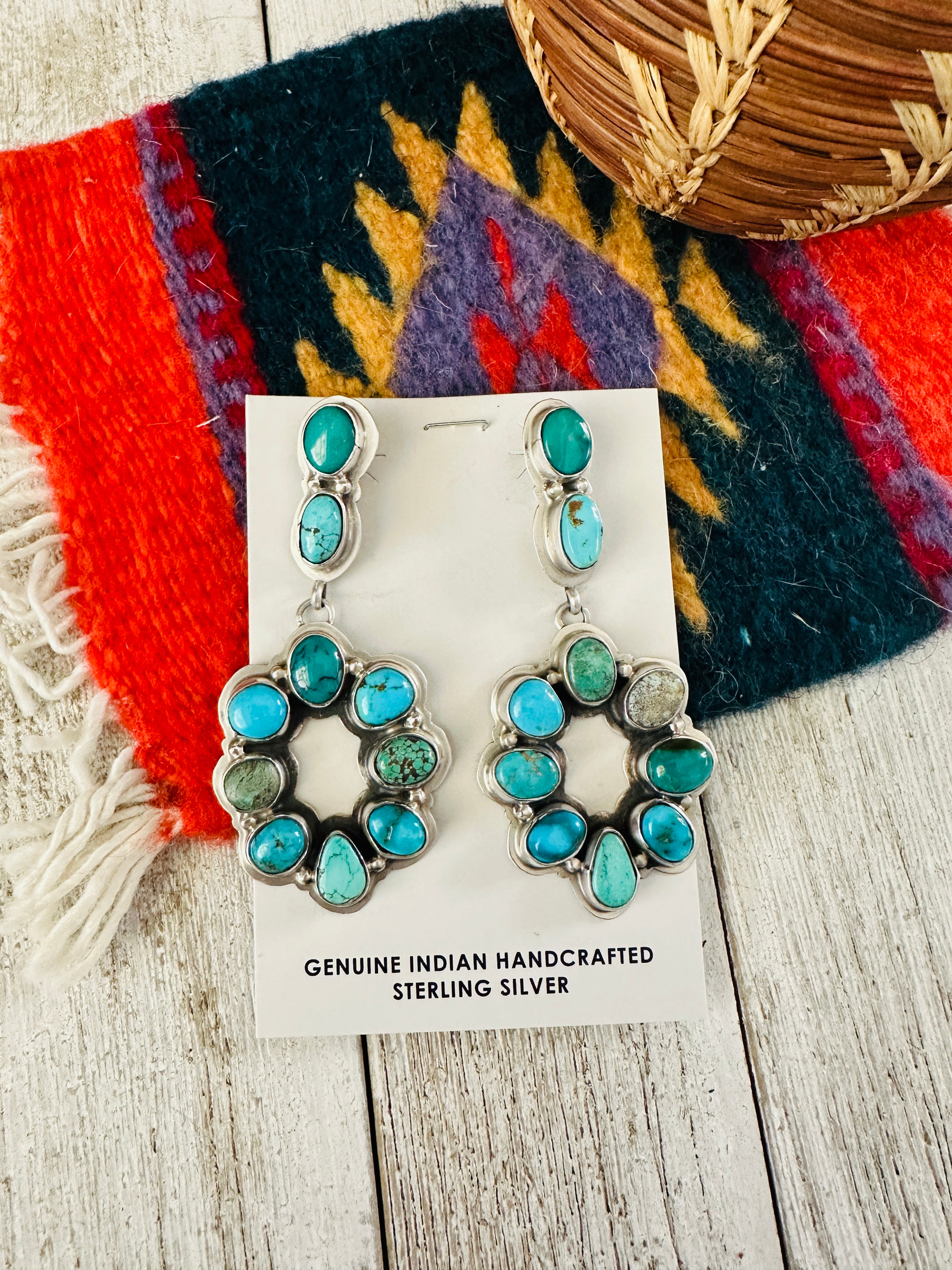 Navajo Multi Turquoise & Sterling Silver Cluster Dangle Earrings