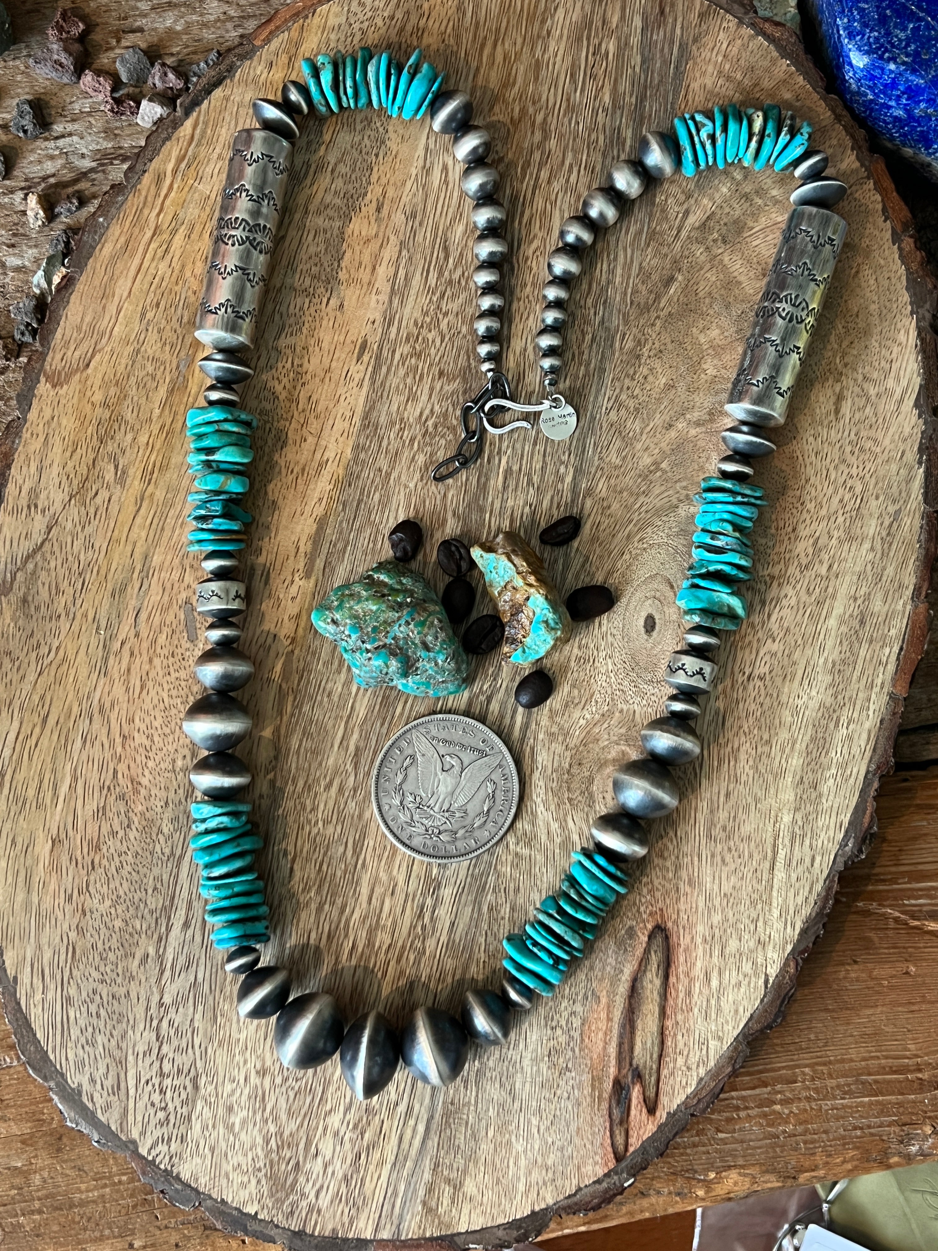 Handcrafted Sterling Silver and Kingman Turquoise Beaded Necklace by Rose Martin, 31 + 1-1/2 inches