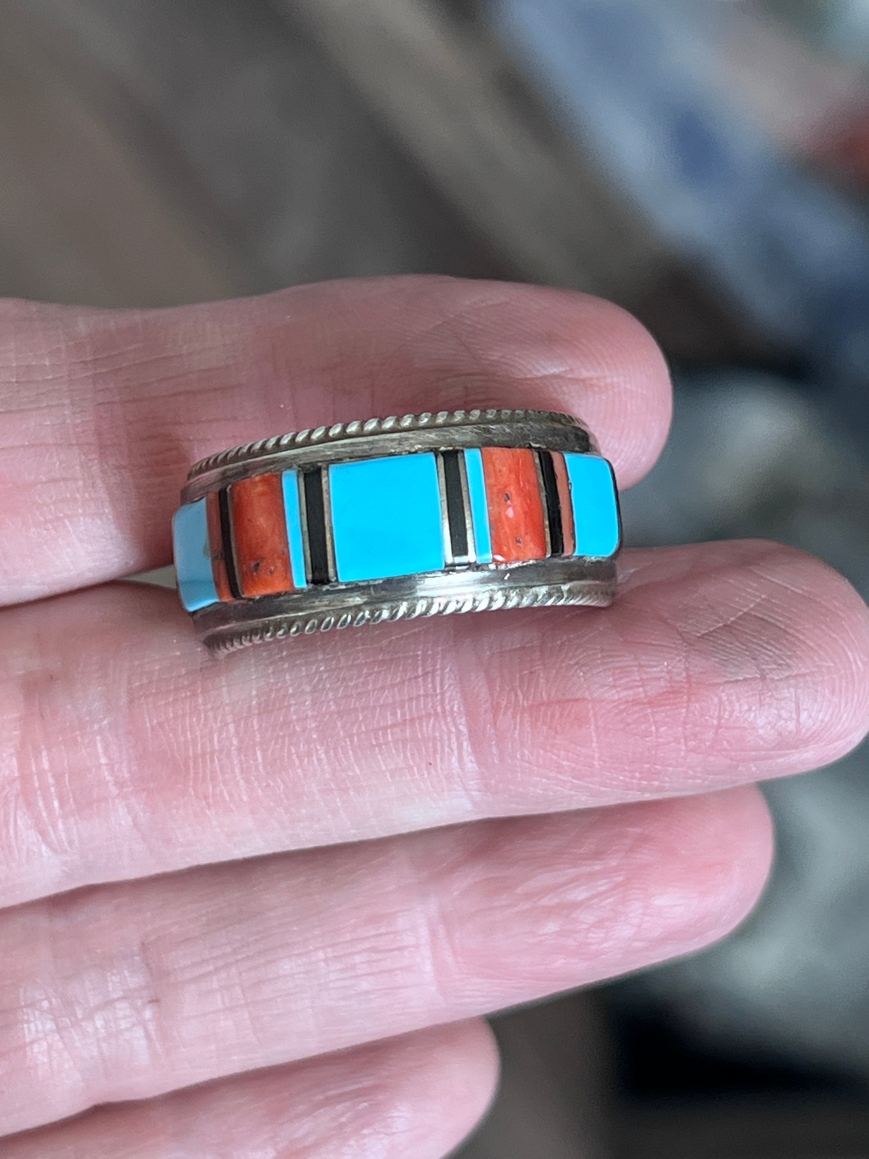 Old Pawn Sterling Silver, Turquoise, Onyx and Coral Raised Channel Inlay Ring by Deidre L Panteah