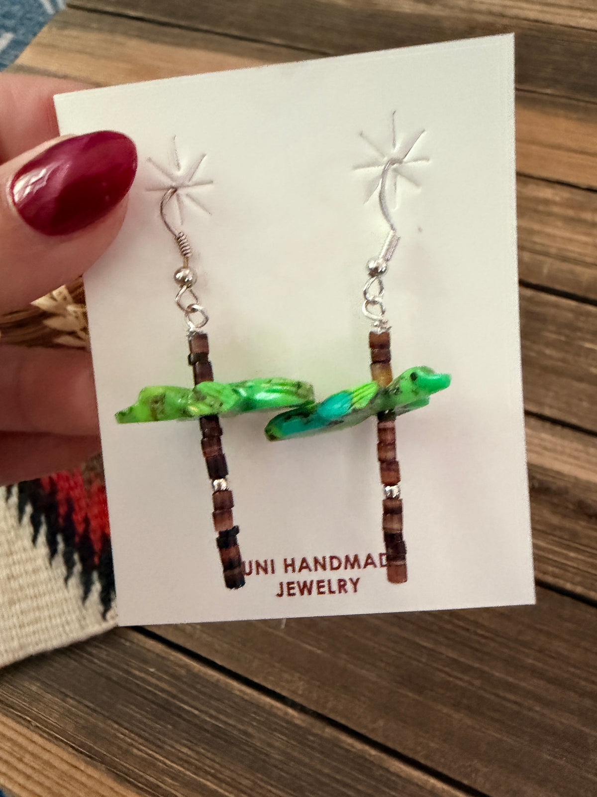 Handcrafted Heishi Shell & Variscite Fetish Bird Dangle Earrings