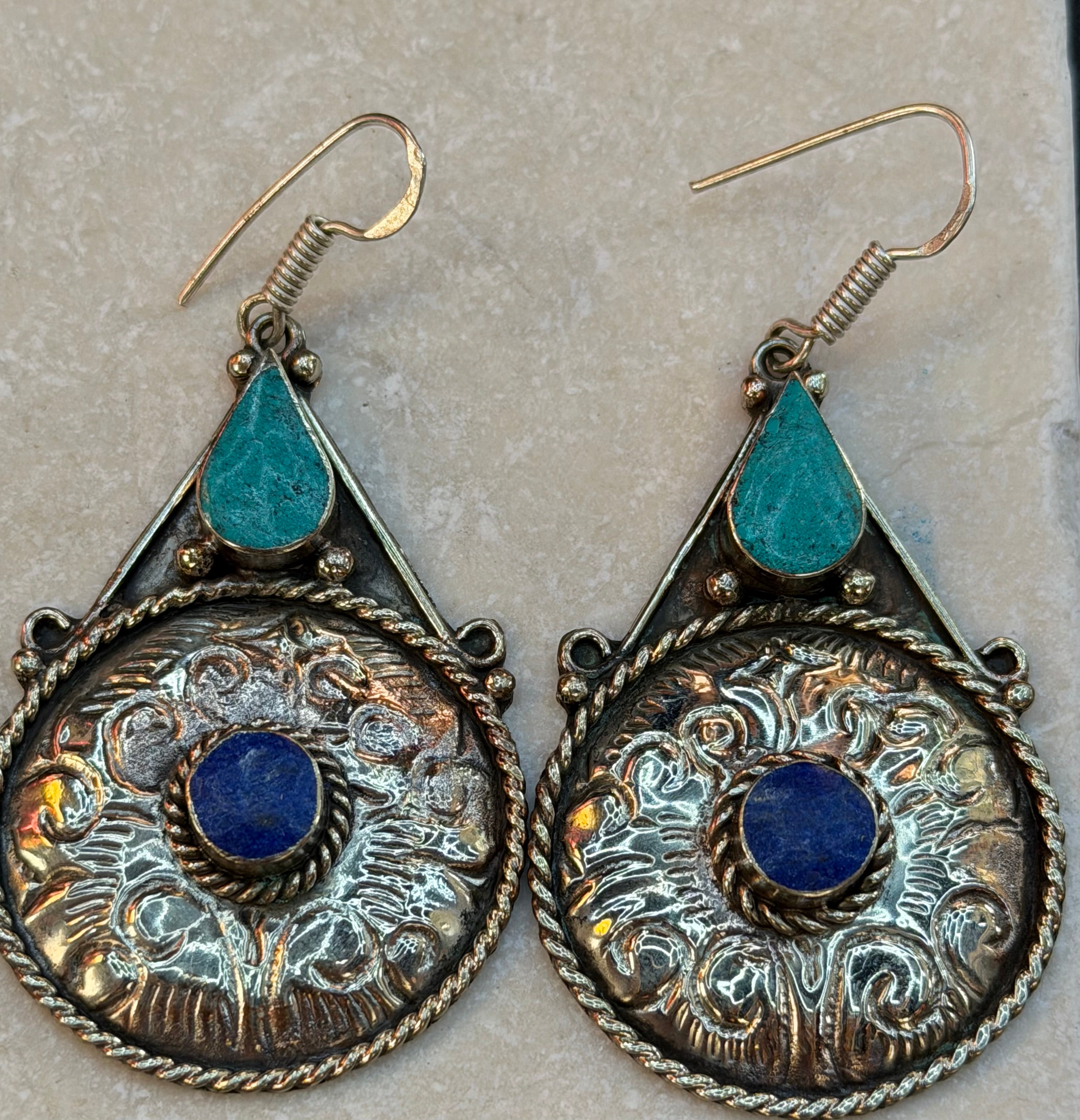 Southwestern Turquoise & Lapis Embossed Silver Drop Earrings