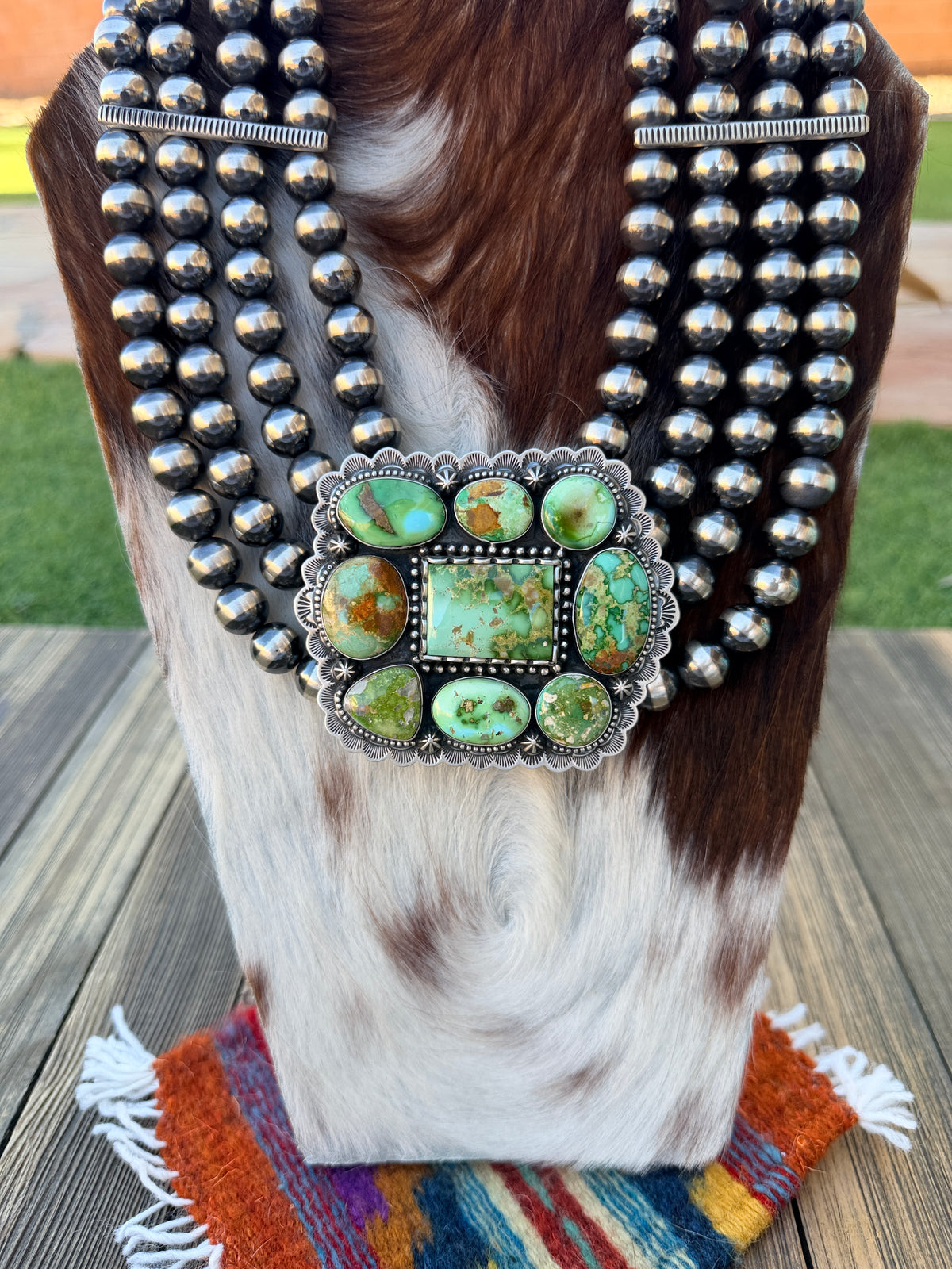 Handcrafted Beaded Sterling Silver & Sonoran Mountain Turquoise Cluster Necklace by Charles Johnson