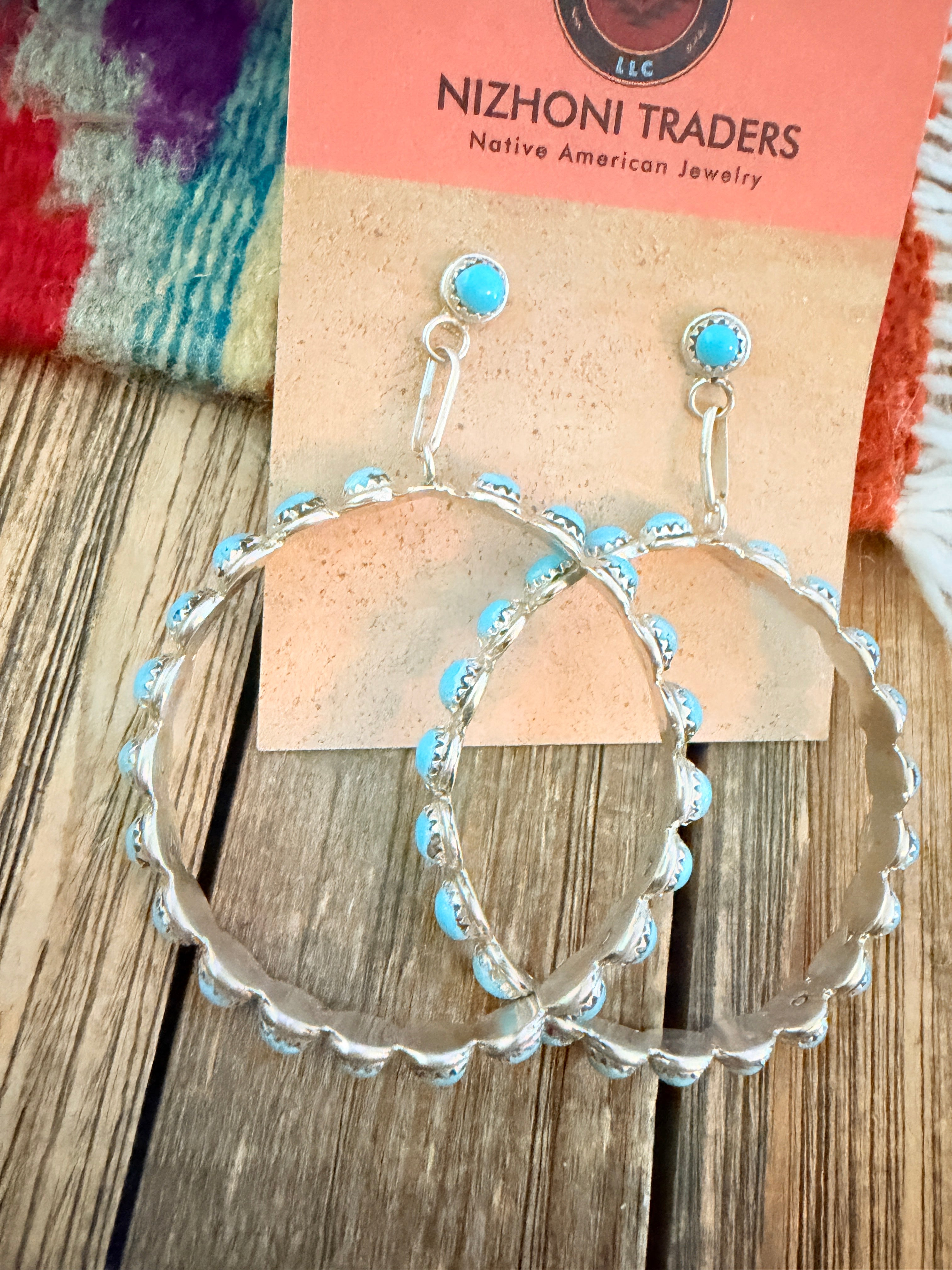 Handcrafted Turquoise & Sterling Silver Dangle Hoop Earrings