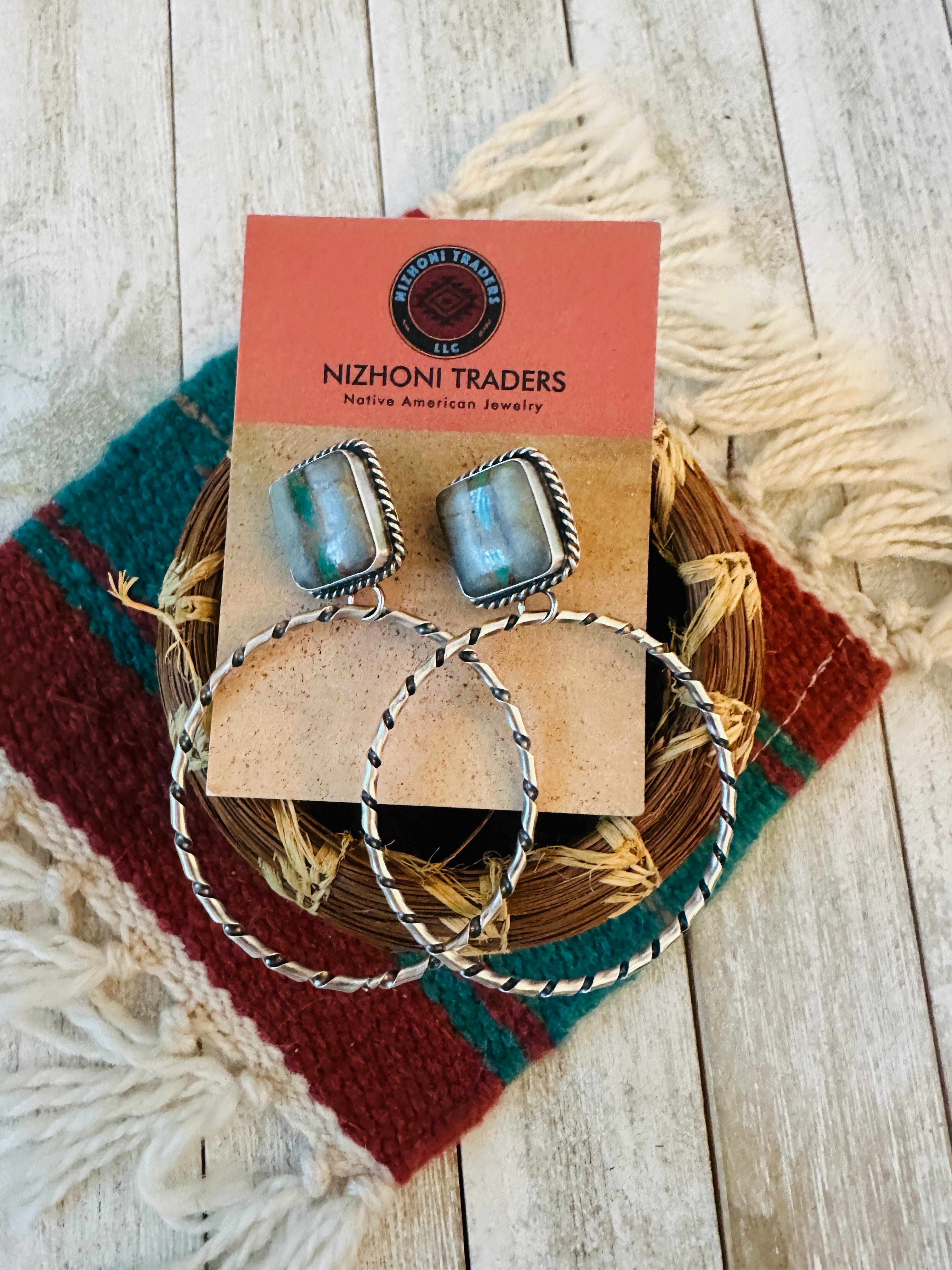 Navajo Ribbon Turquoise and Sterling Silver Dangle Hoop Earrings