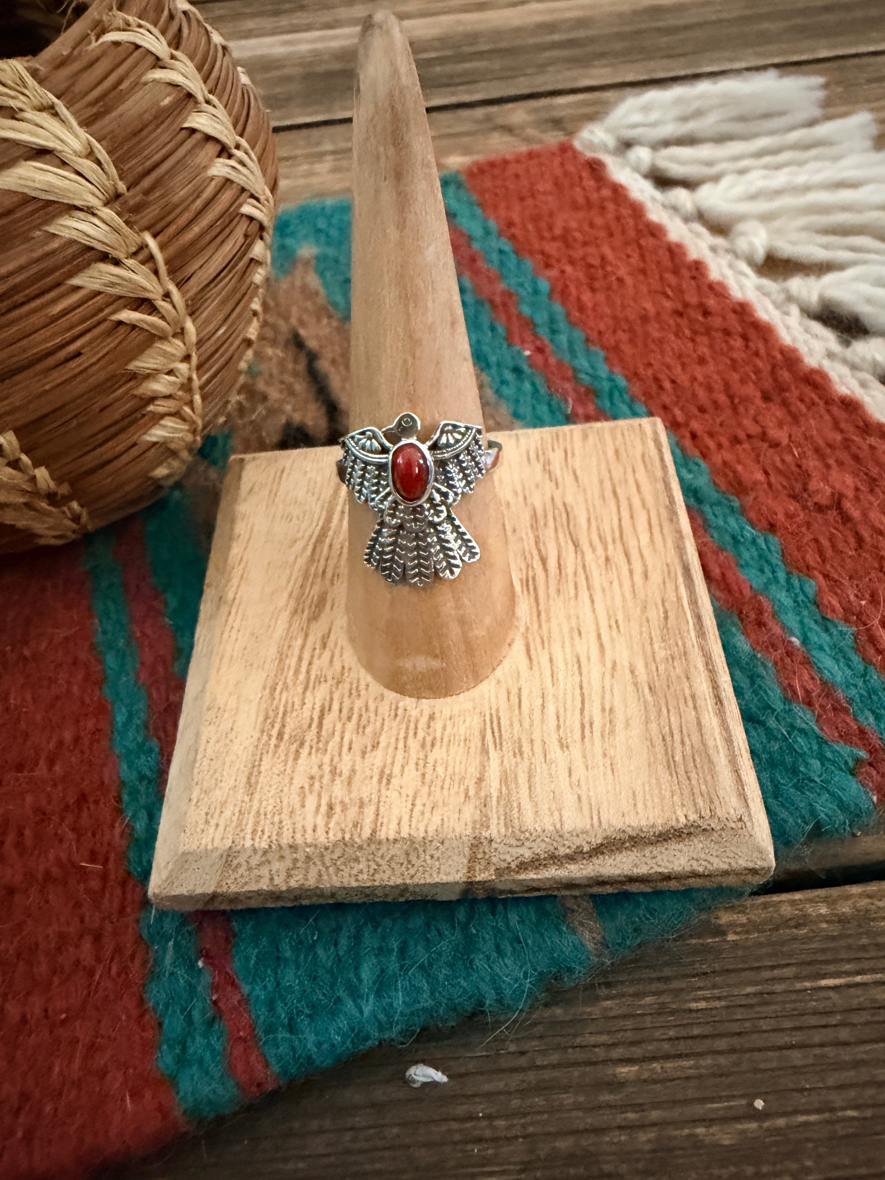 Handmade Sterling Silver and Coral Thunderbird Adjustable Ring "Signed Nizhoni"