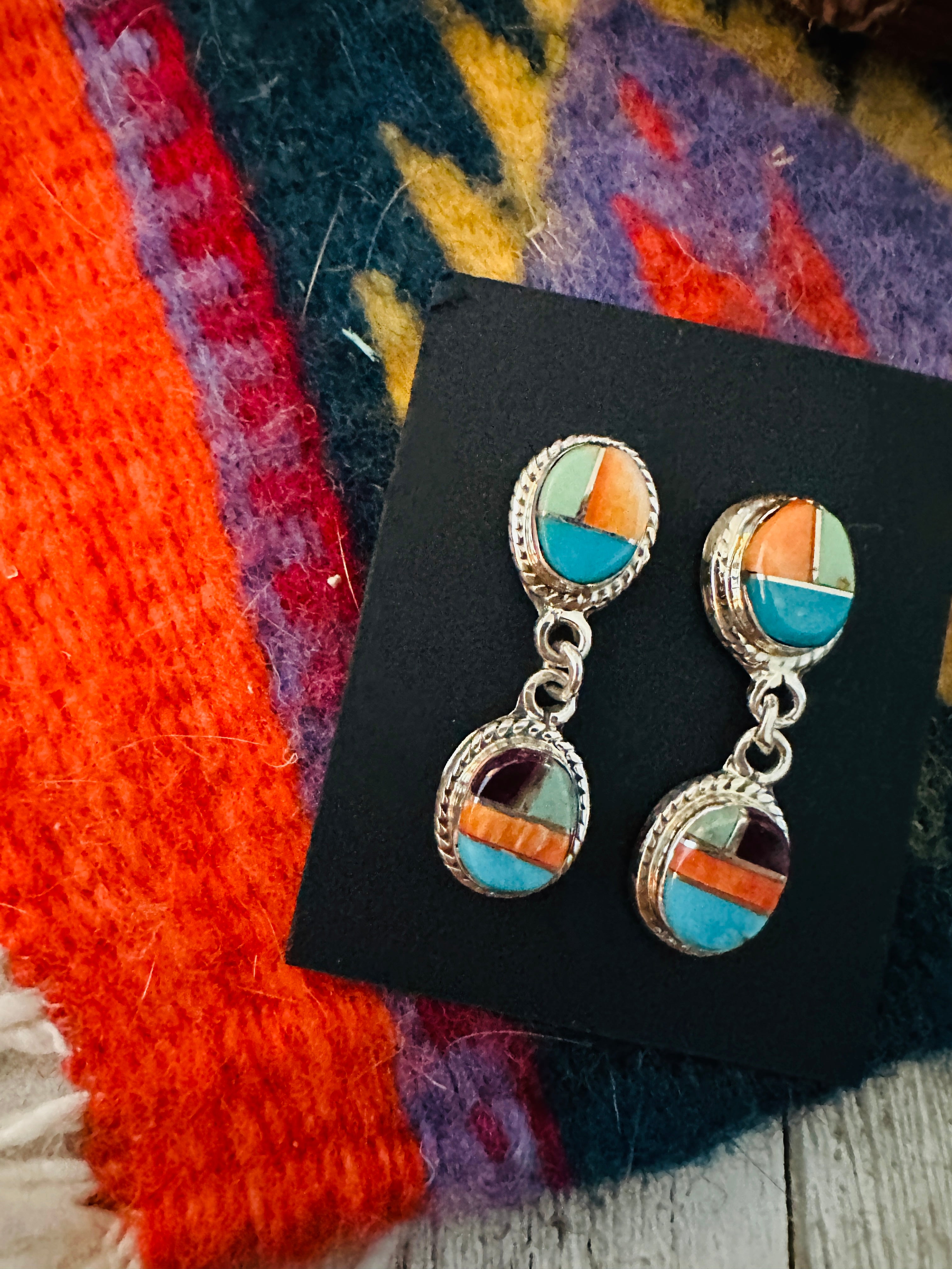 Navajo Sterling Silver & Multi Stone Inlay Dangle Earrings