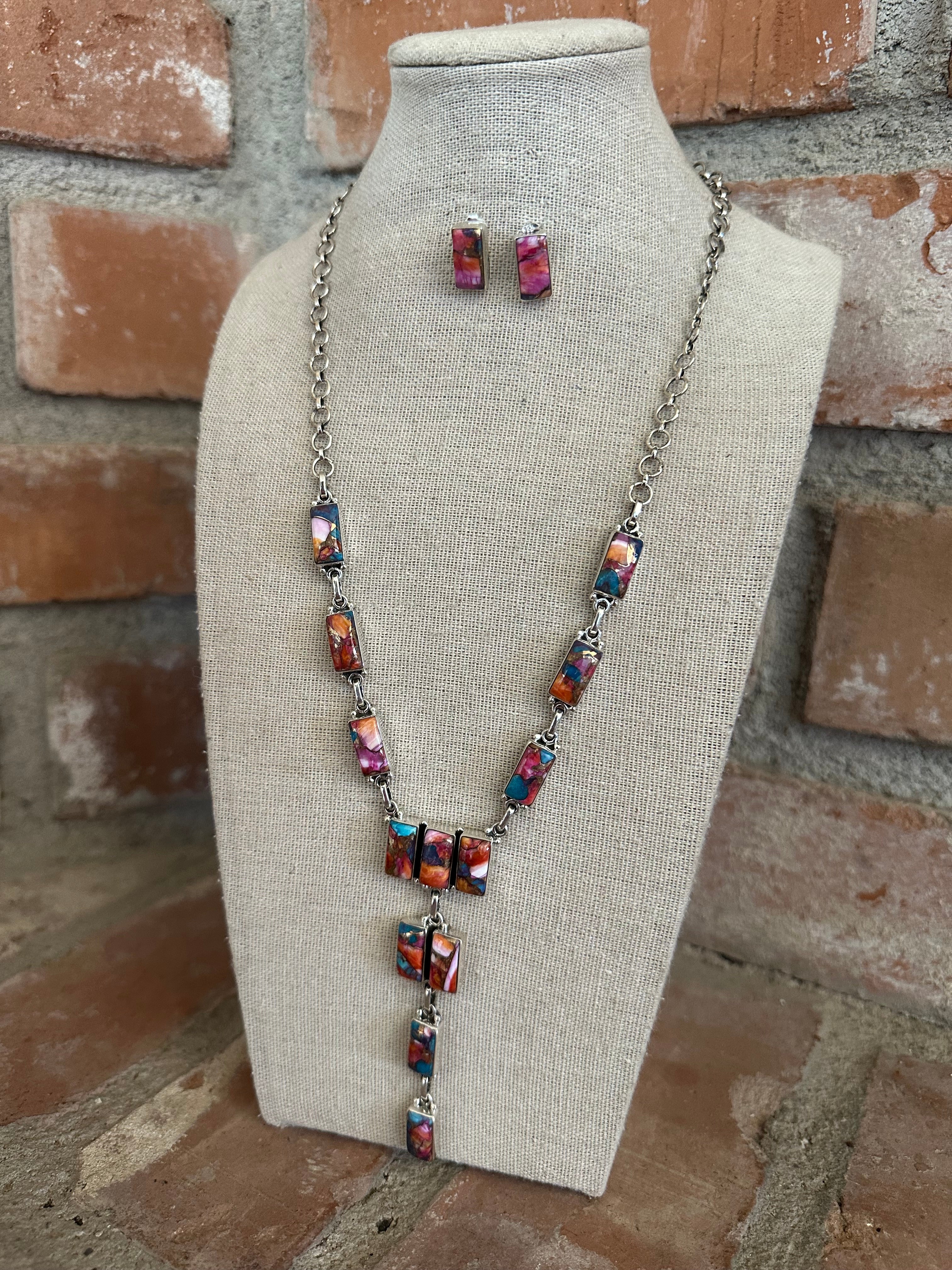 Handmade Sterling Silver & Pink Dream Mojave Lariat Necklace Set