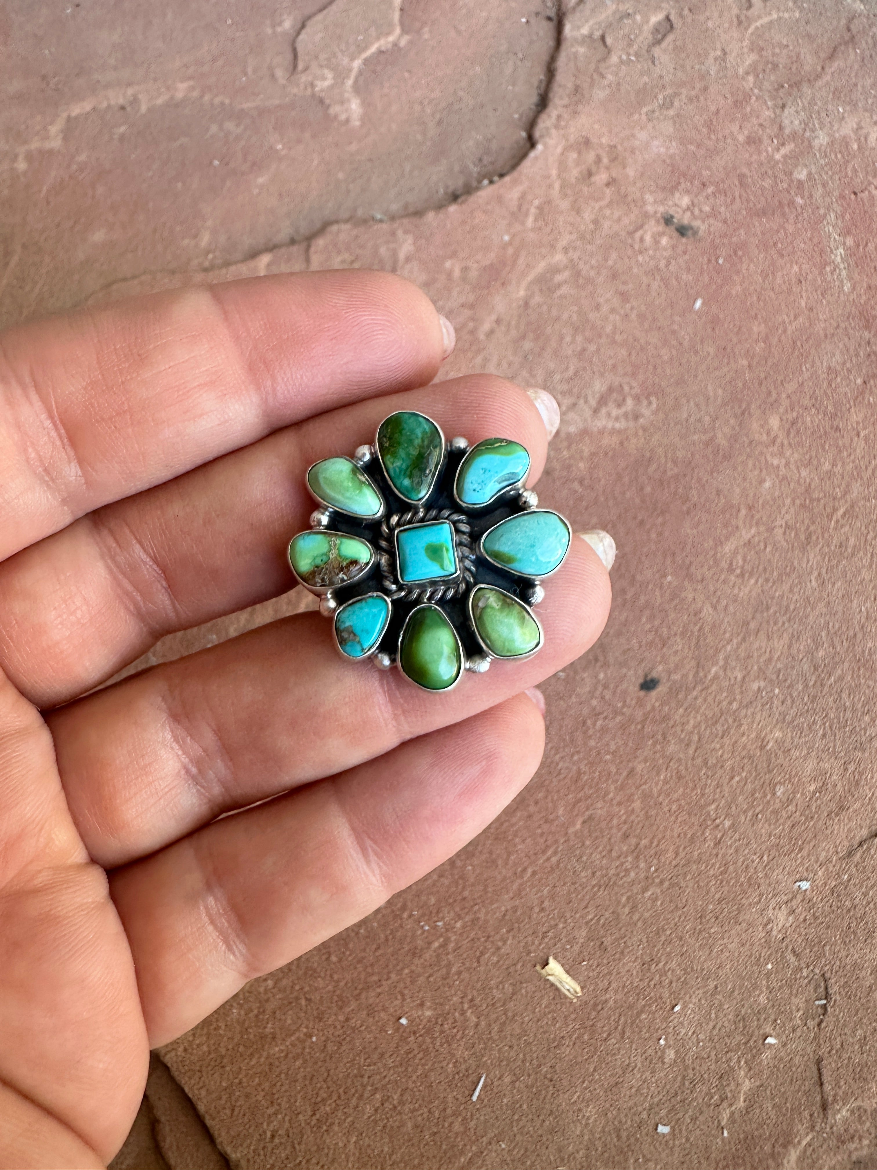 Handmade Sonoran Mountain Turquoise & Sterling Adjustable Flower Cluster Ring