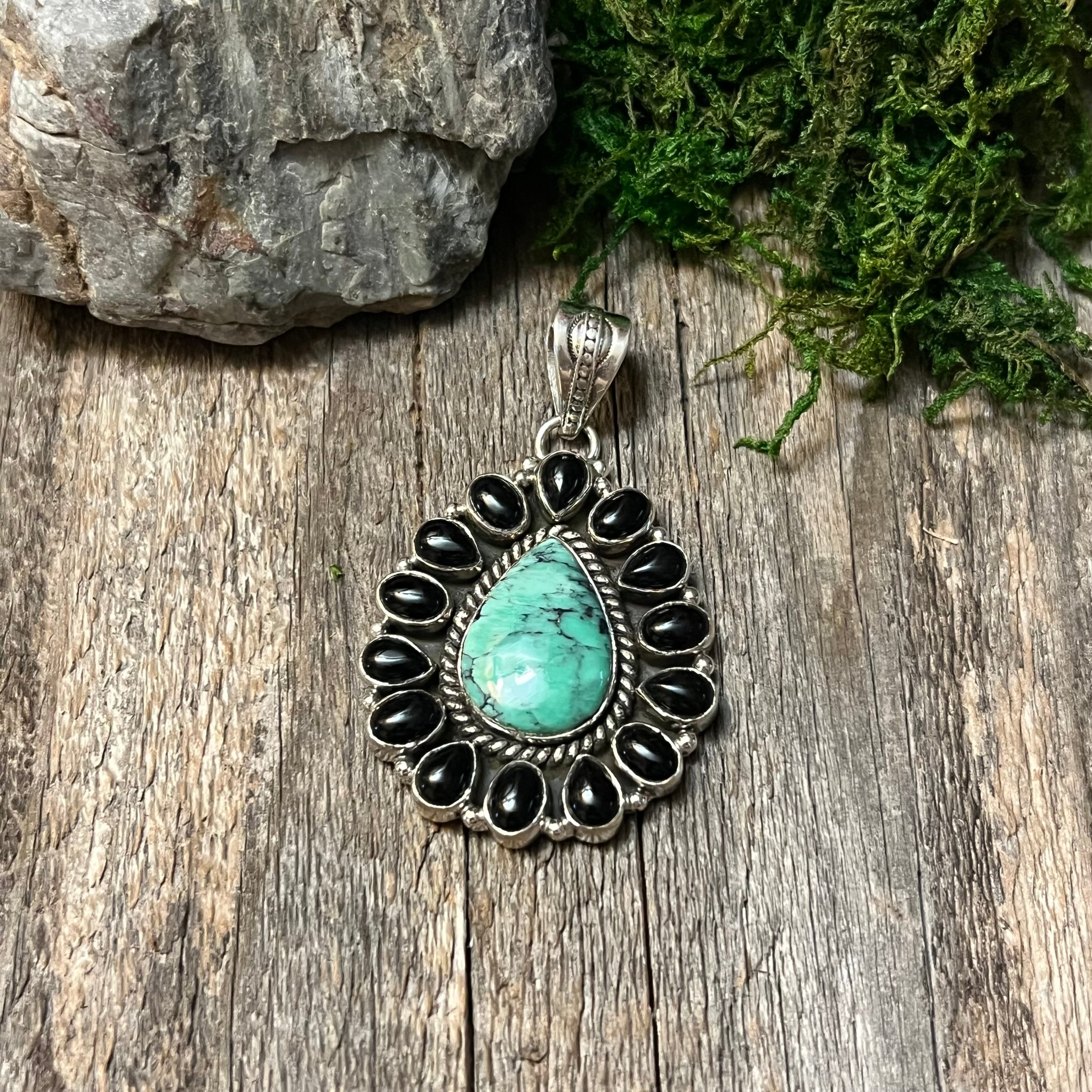 Handmade Black Onyx & Turquoise Tear Drop Sterling Silver Pendant