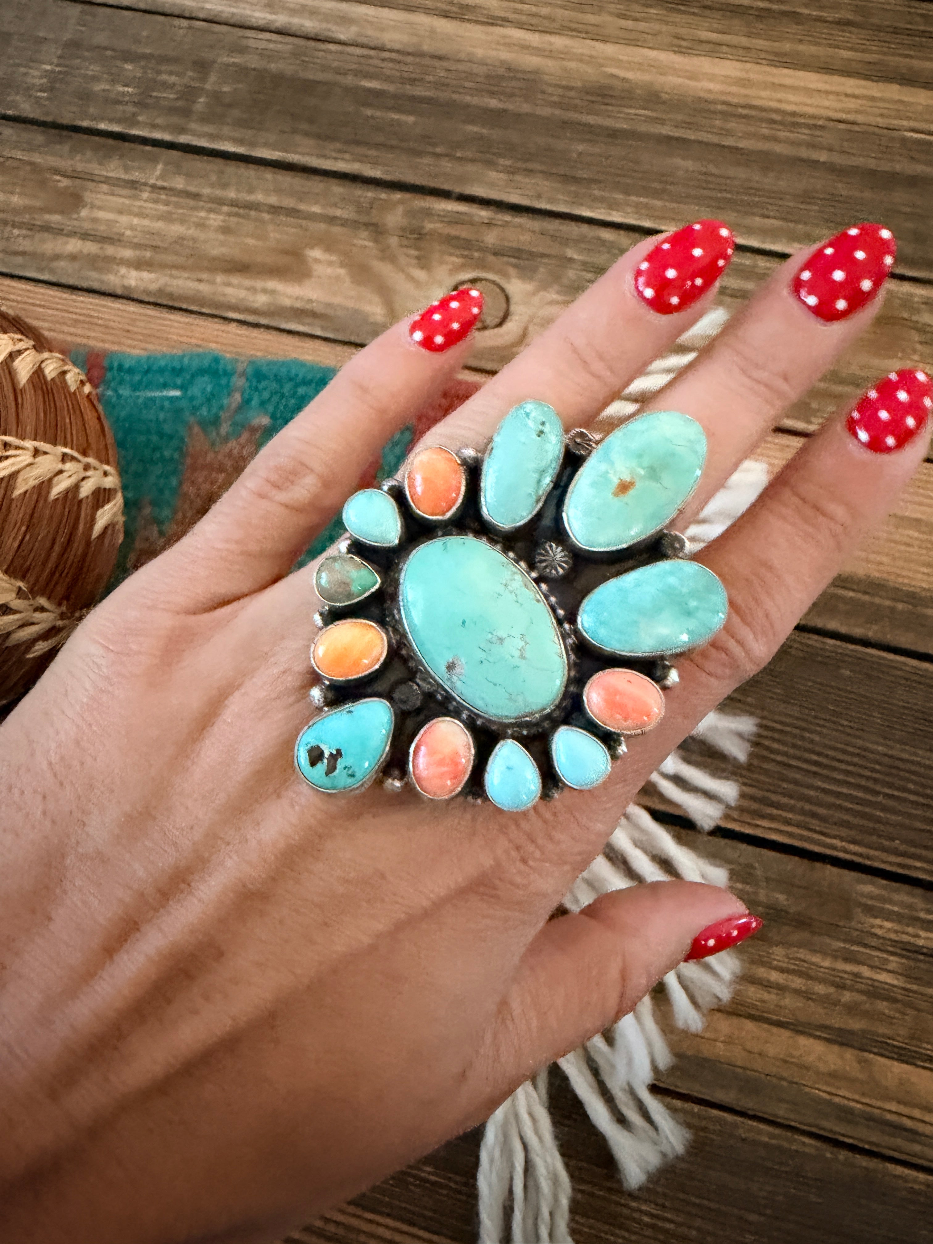 Handcrafted Spiny Oyster, Turquoise & Sterling Silver Cluster Ring by Sheila Becenti Size 6.5