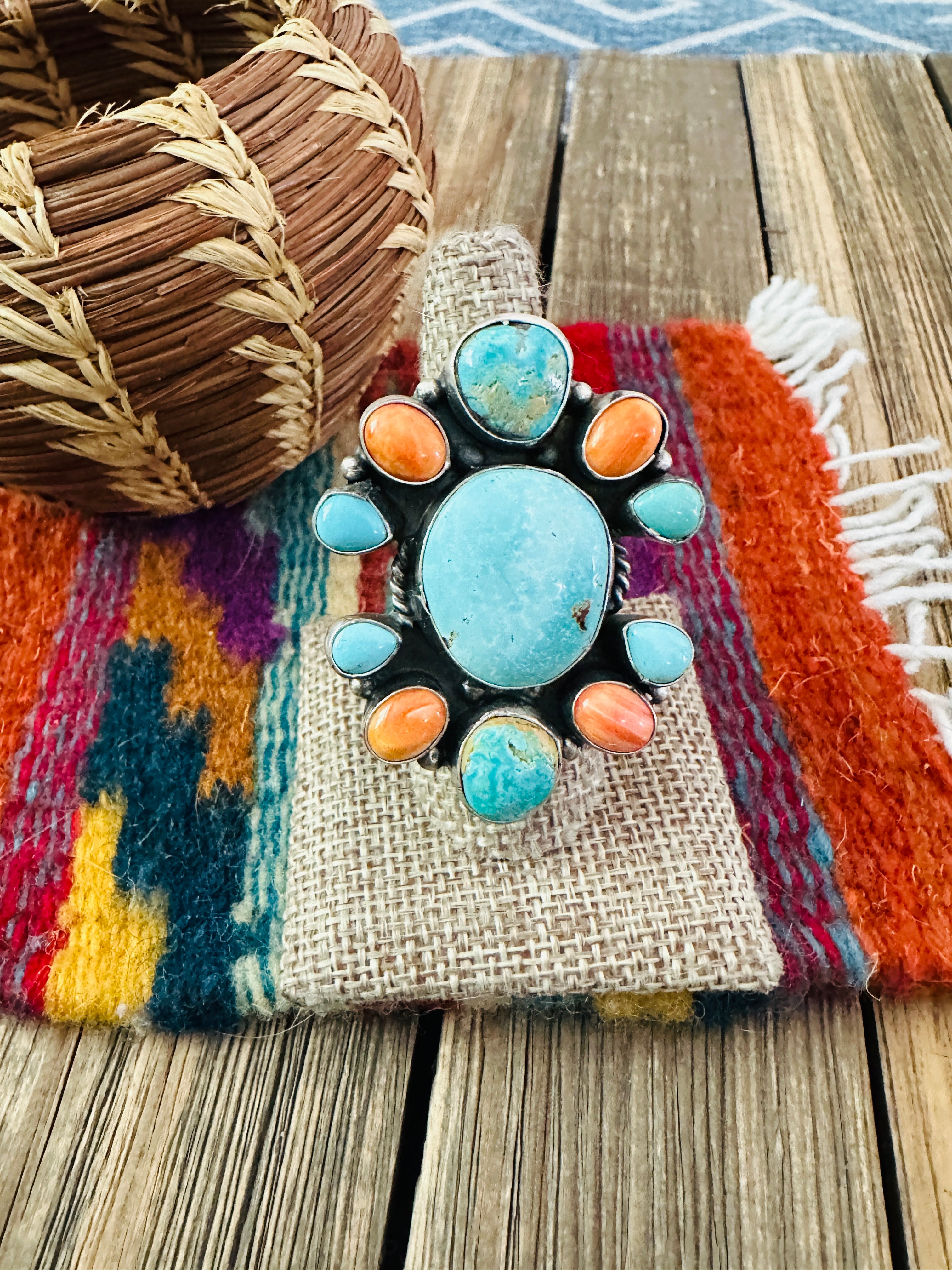 Handcrafted Spiny, Turquoise & Sterling Silver Cluster Ring Size 8.5 by Sheila Becenti