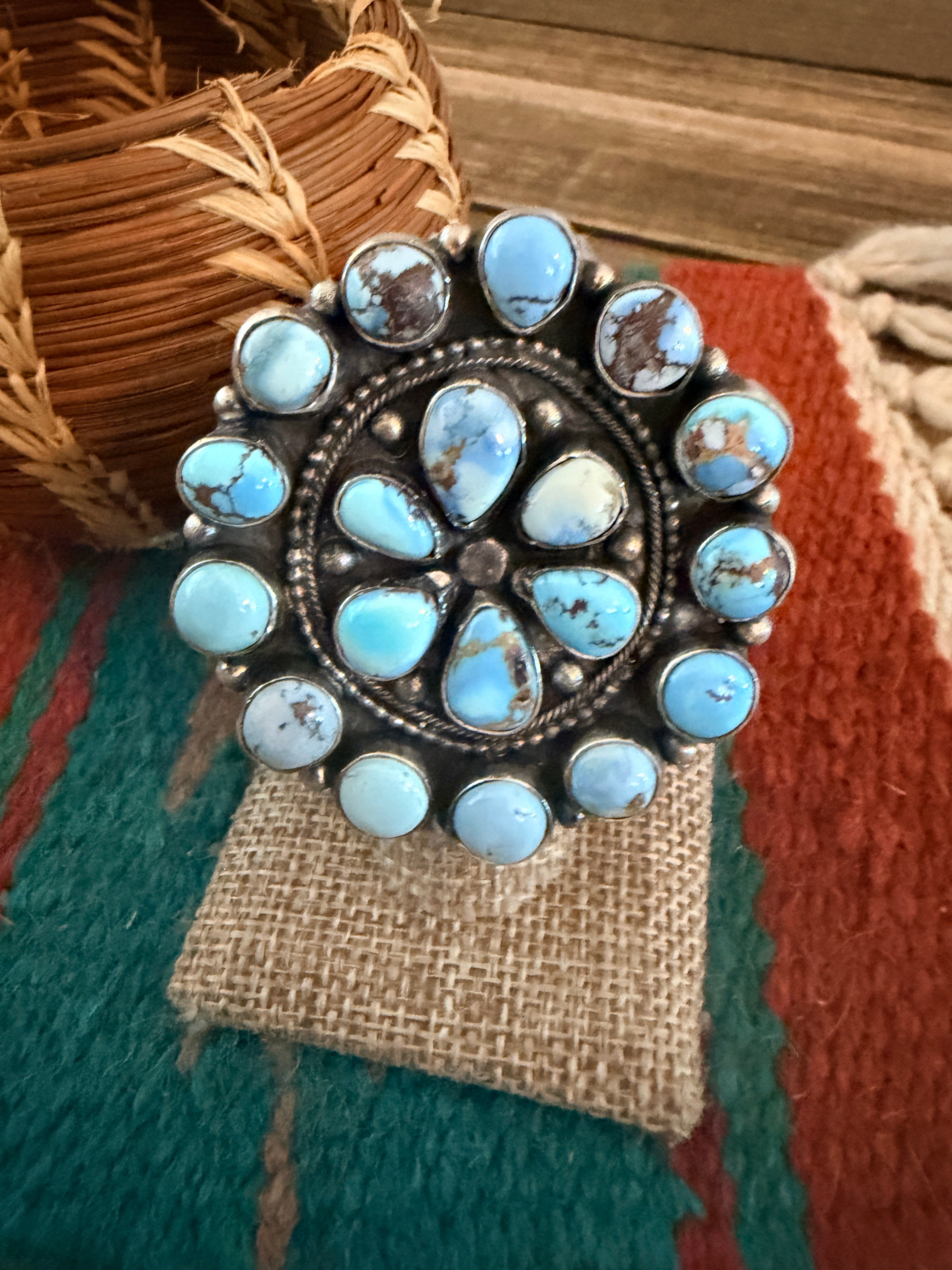 Handcrafted Golden Hills Turquoise & Sterling Silver Cluster Adjustable Ring by Ella Peters