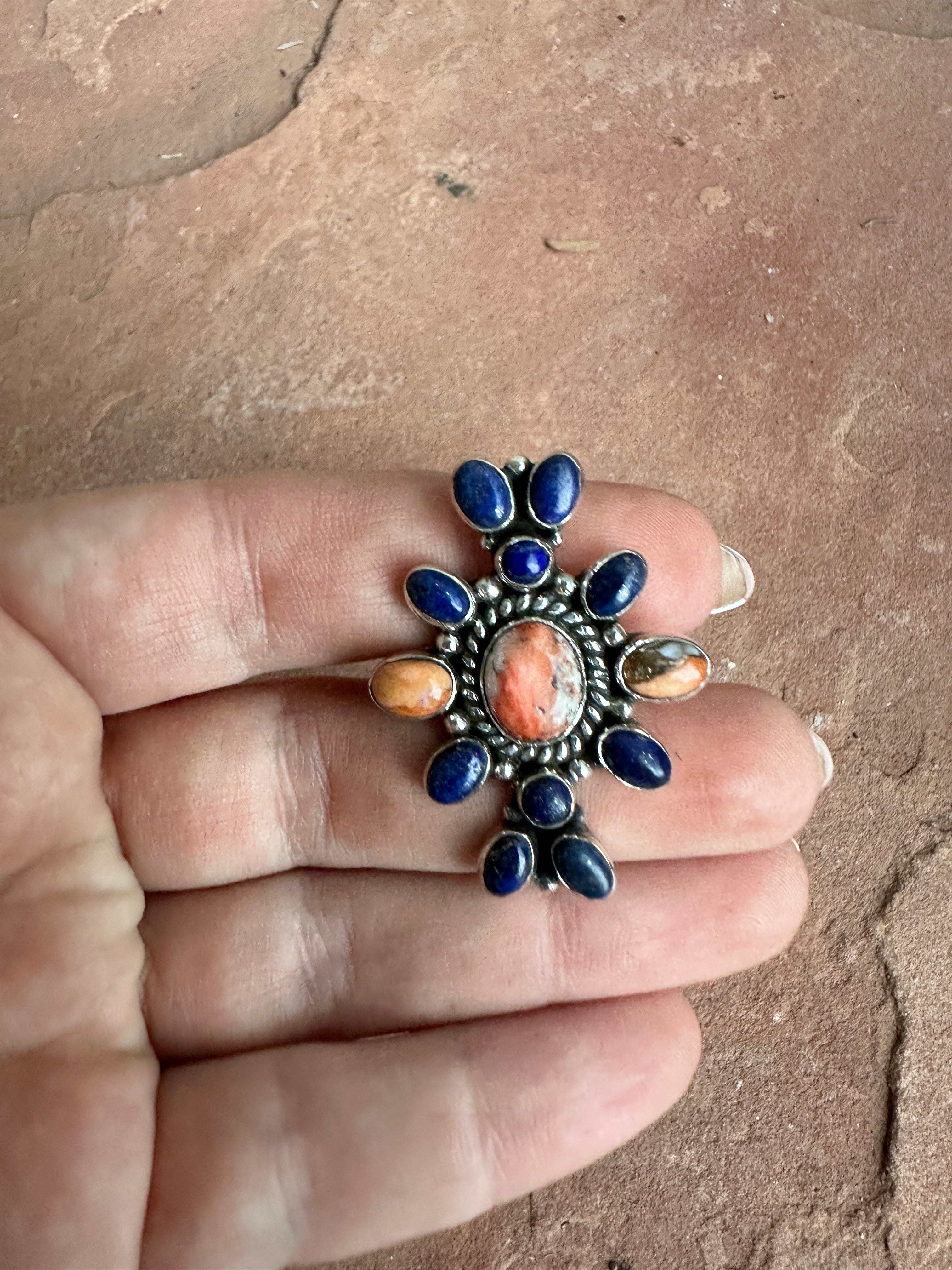 Beautiful Handmade Lapis, Spice And Sterling Silver Adjustable Ring