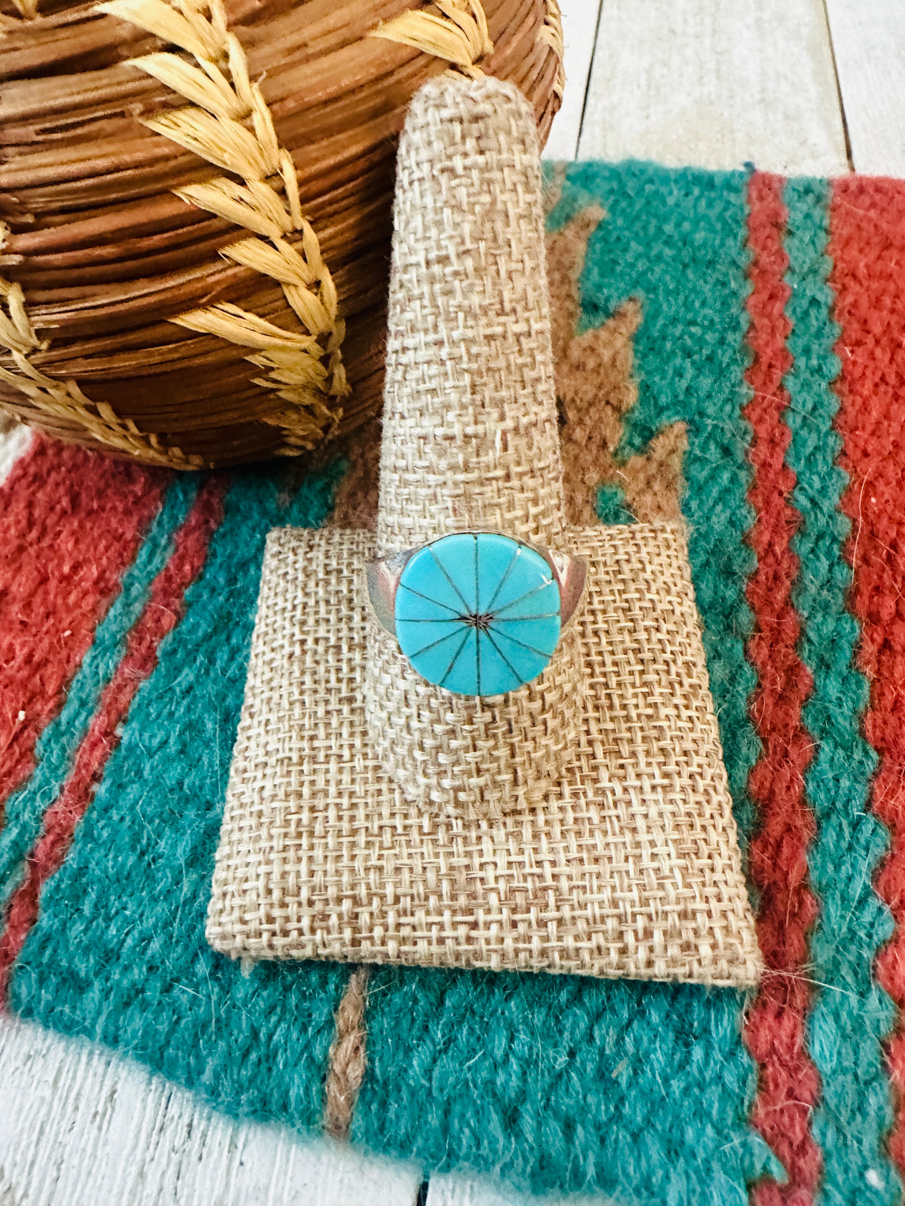 Handcrafted Silver & Turquoise Inlay Flower Ring Size 10.5