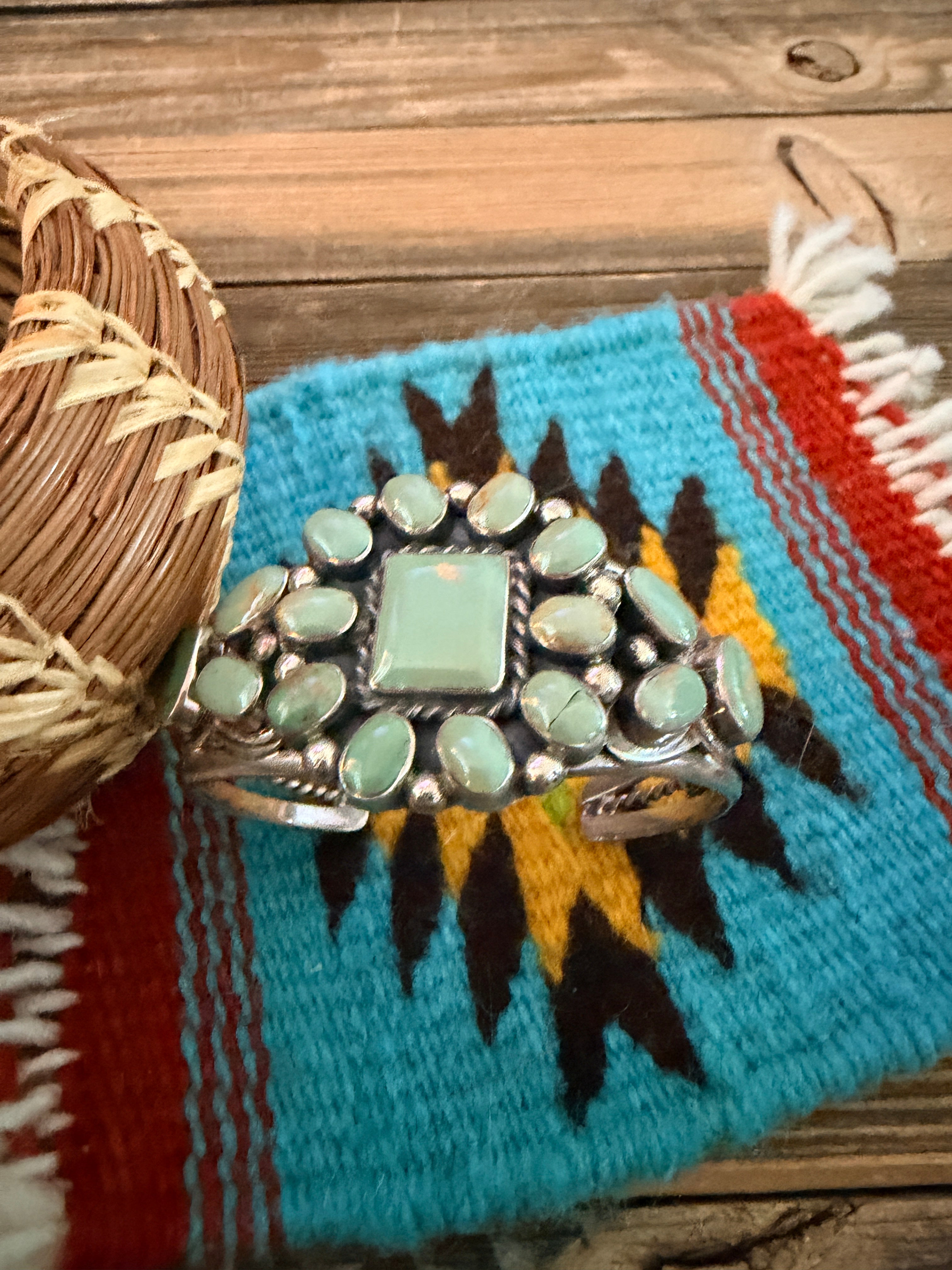 Handcrafted Sterling Silver & Carico Lake Turquoise Cluster Cuff Bracelet