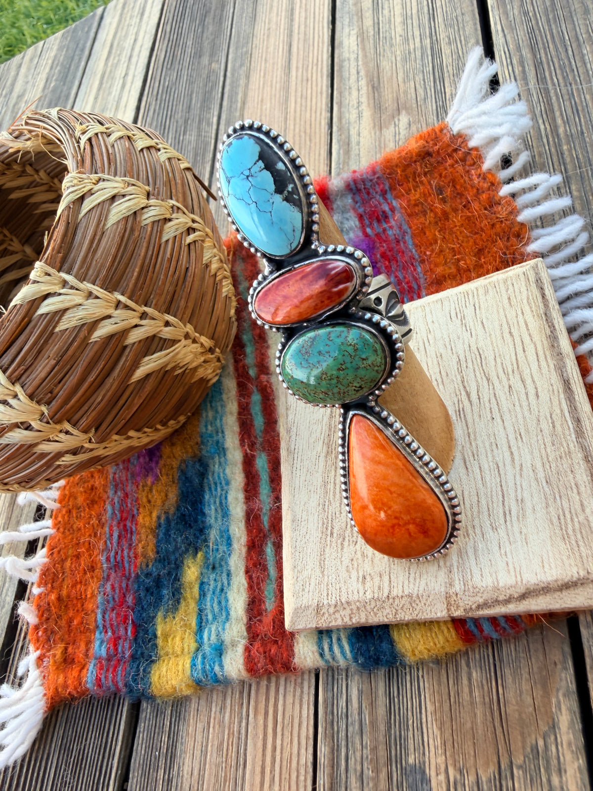 Handcrafted Spiny Oyster, Turquoise & Sterling Silver Adjustable Ring