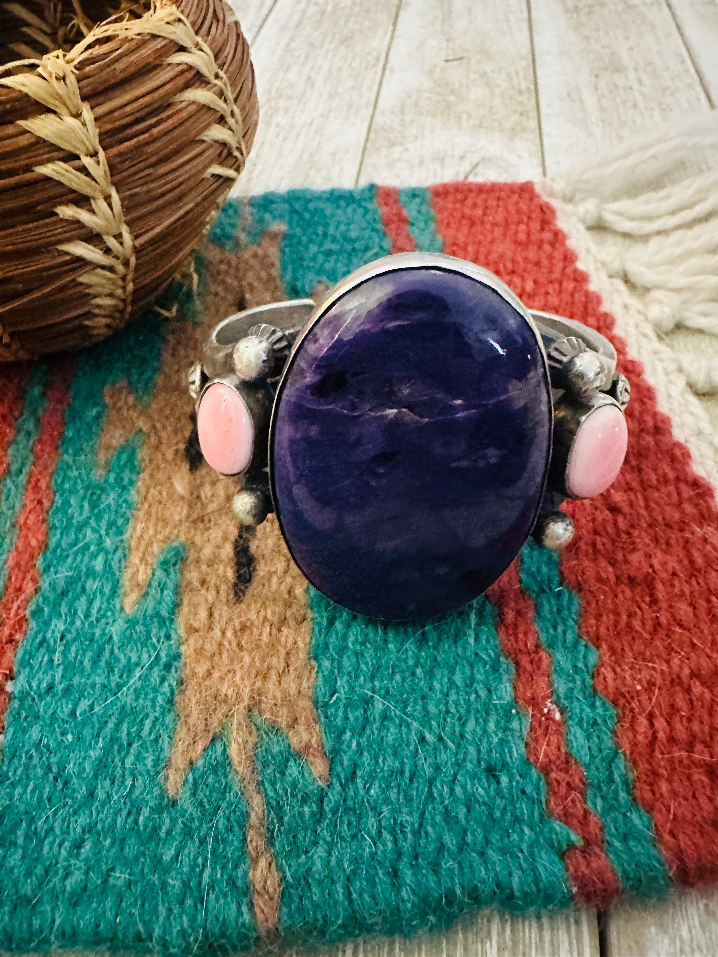 Handcrafted Charoite, Queen Pink Conch & Sterling Silver Cuff Bracelet by Chimney Butte
