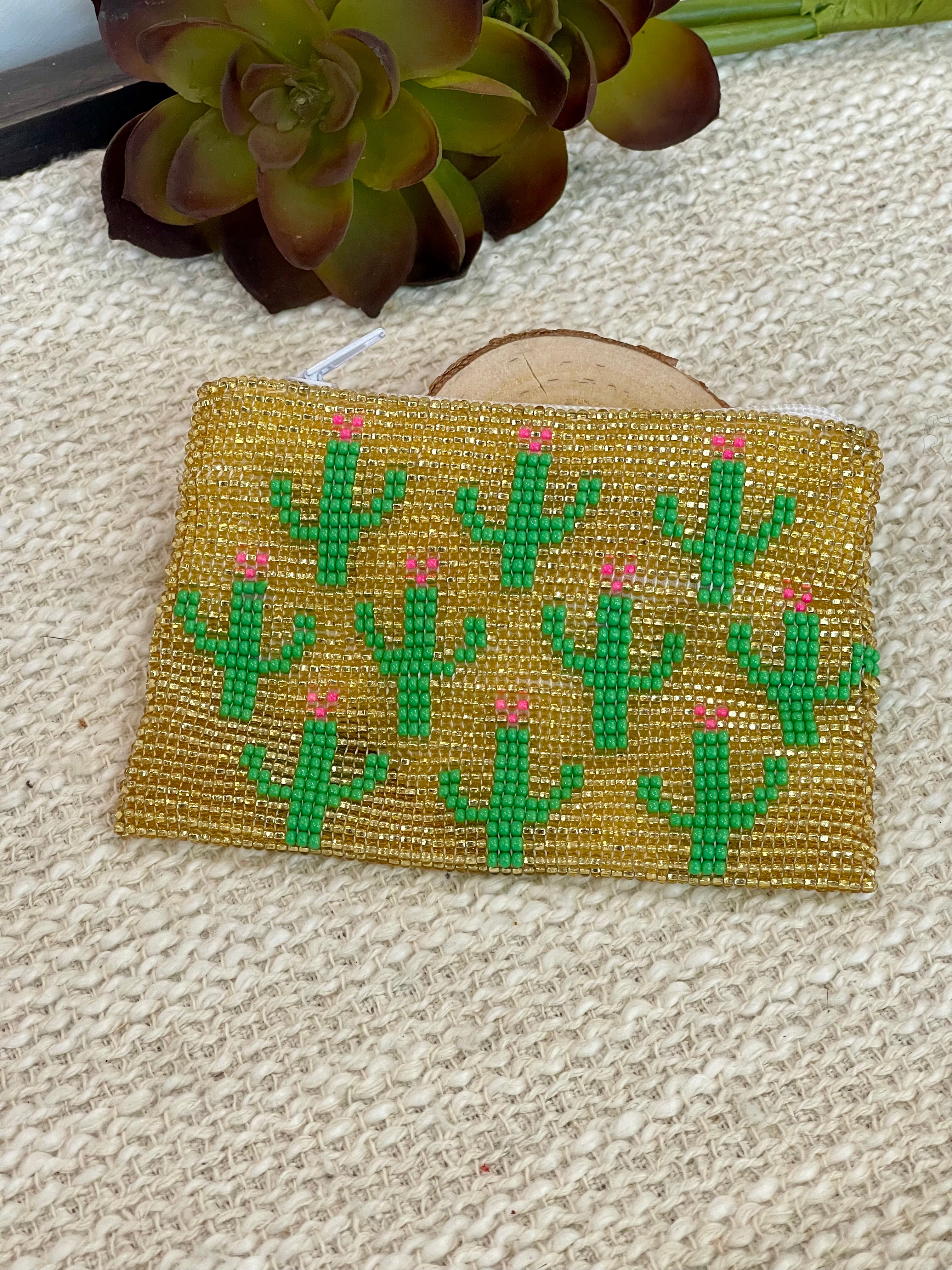 Handmade Beaded Saguaro Cactus Coin Purse Gold