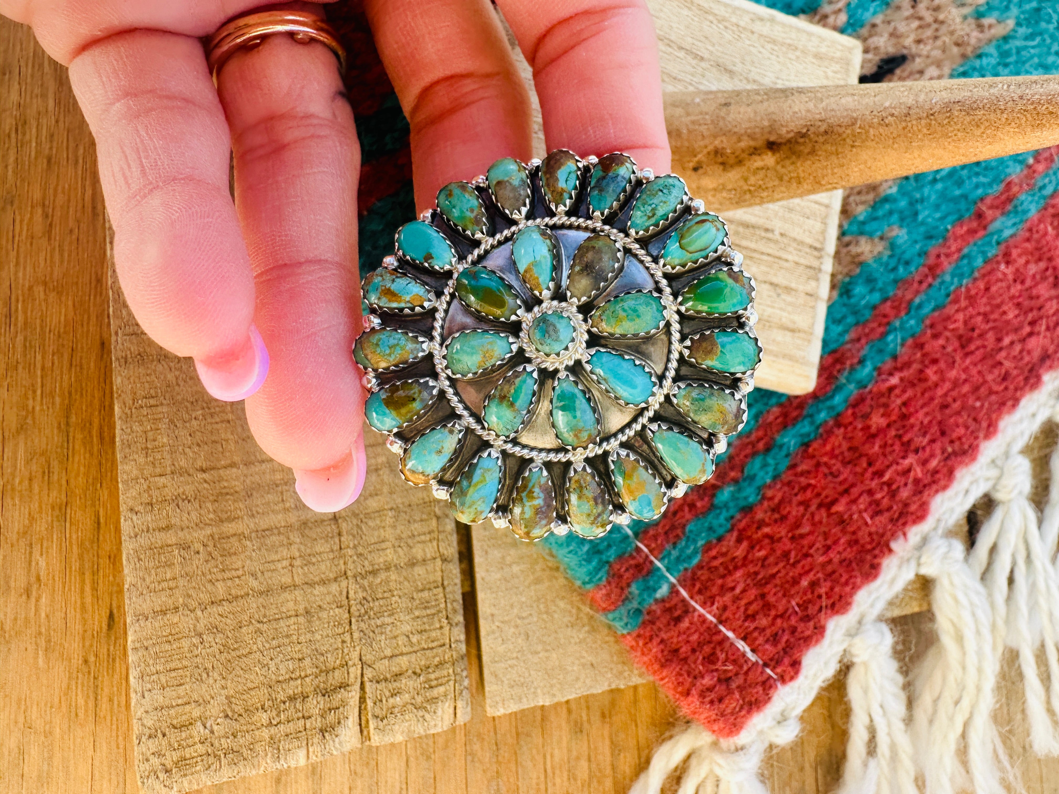 Navajo Royston Turquoise & Sterling Silver Cluster Ring 1.5”