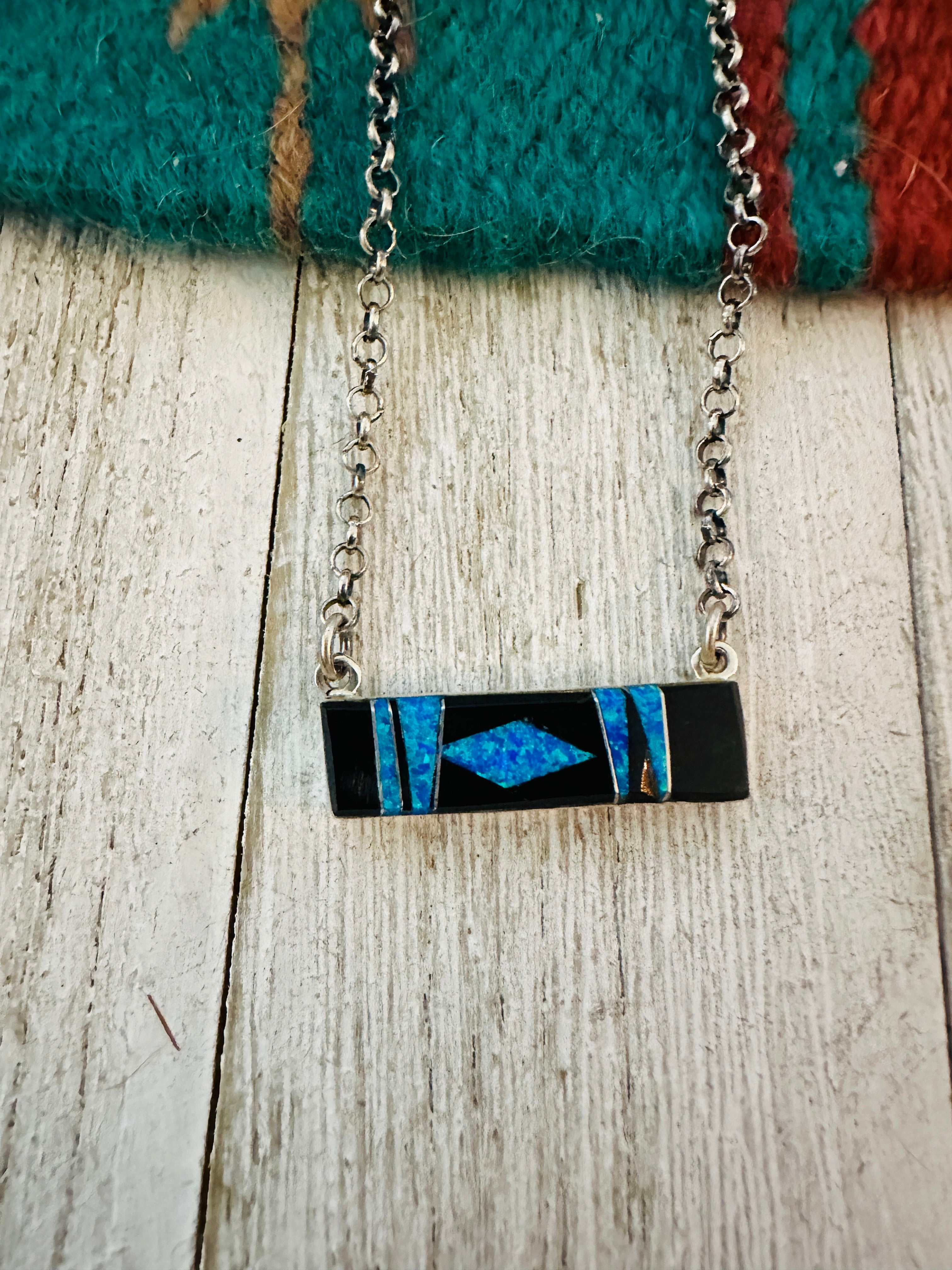 Navajo Opal, Onyx & Sterling Silver Inlay Bar Necklace