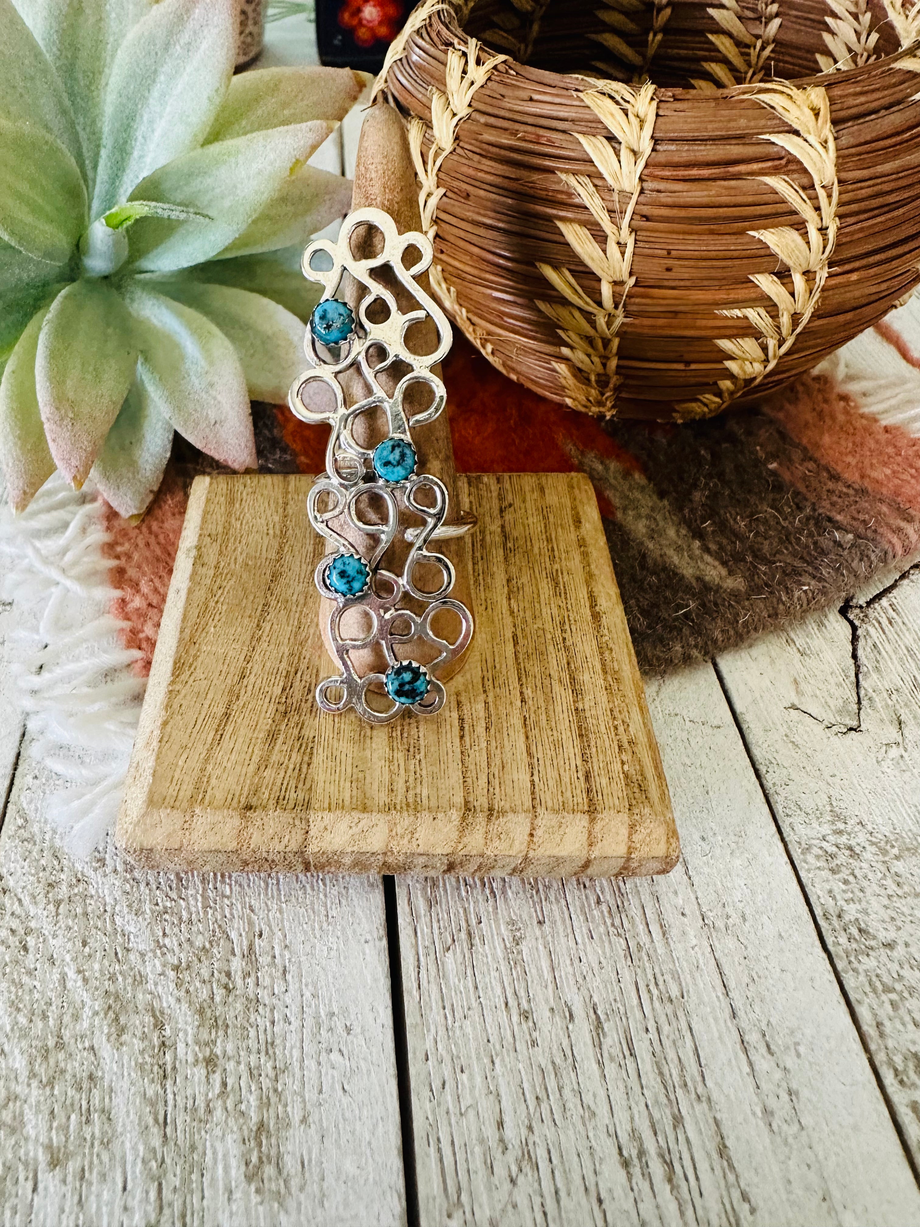 Navajo Sterling Silver & Turquoise Adjustable Abstract Ring