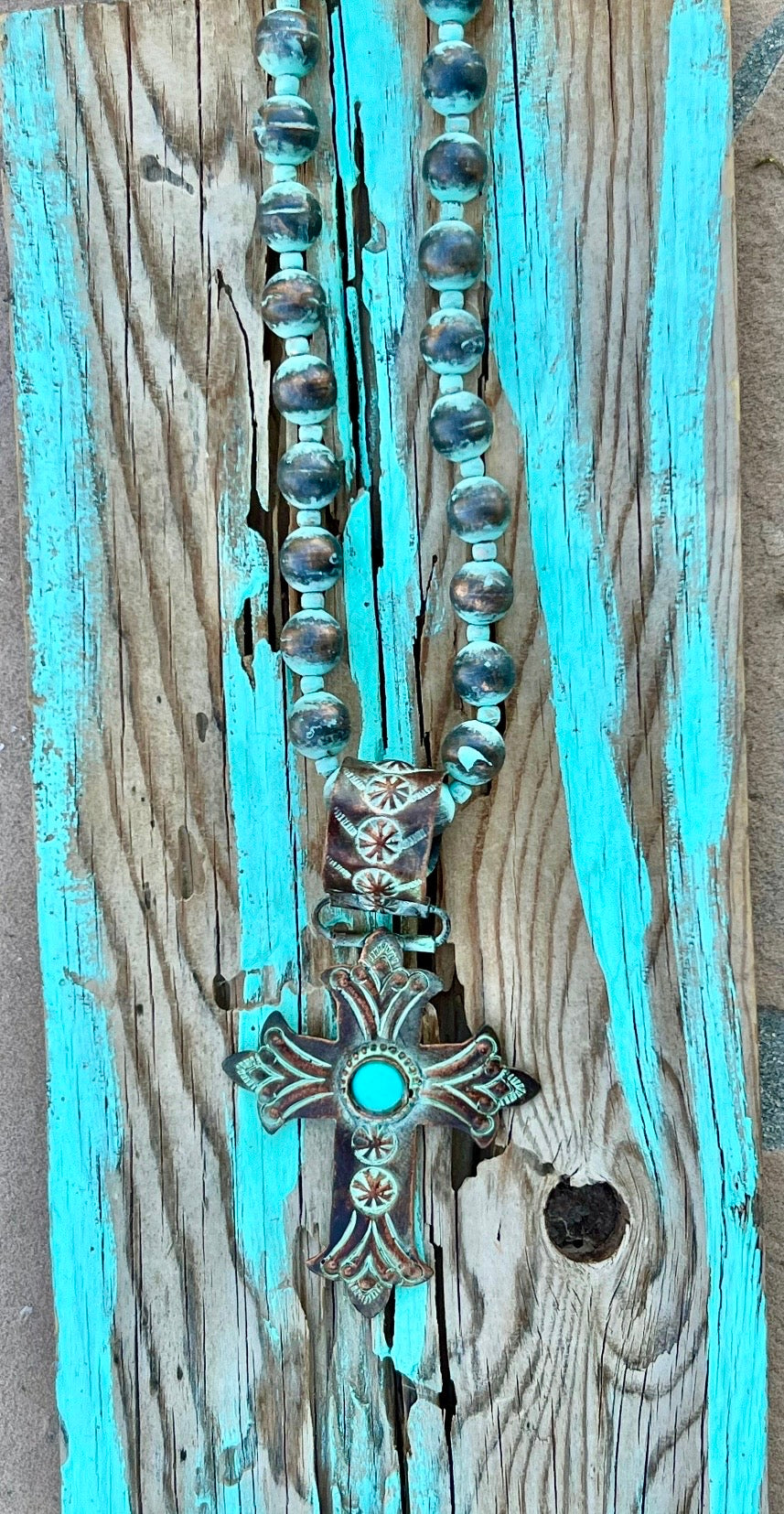 Patina Beaded Necklace with Cross Pendant