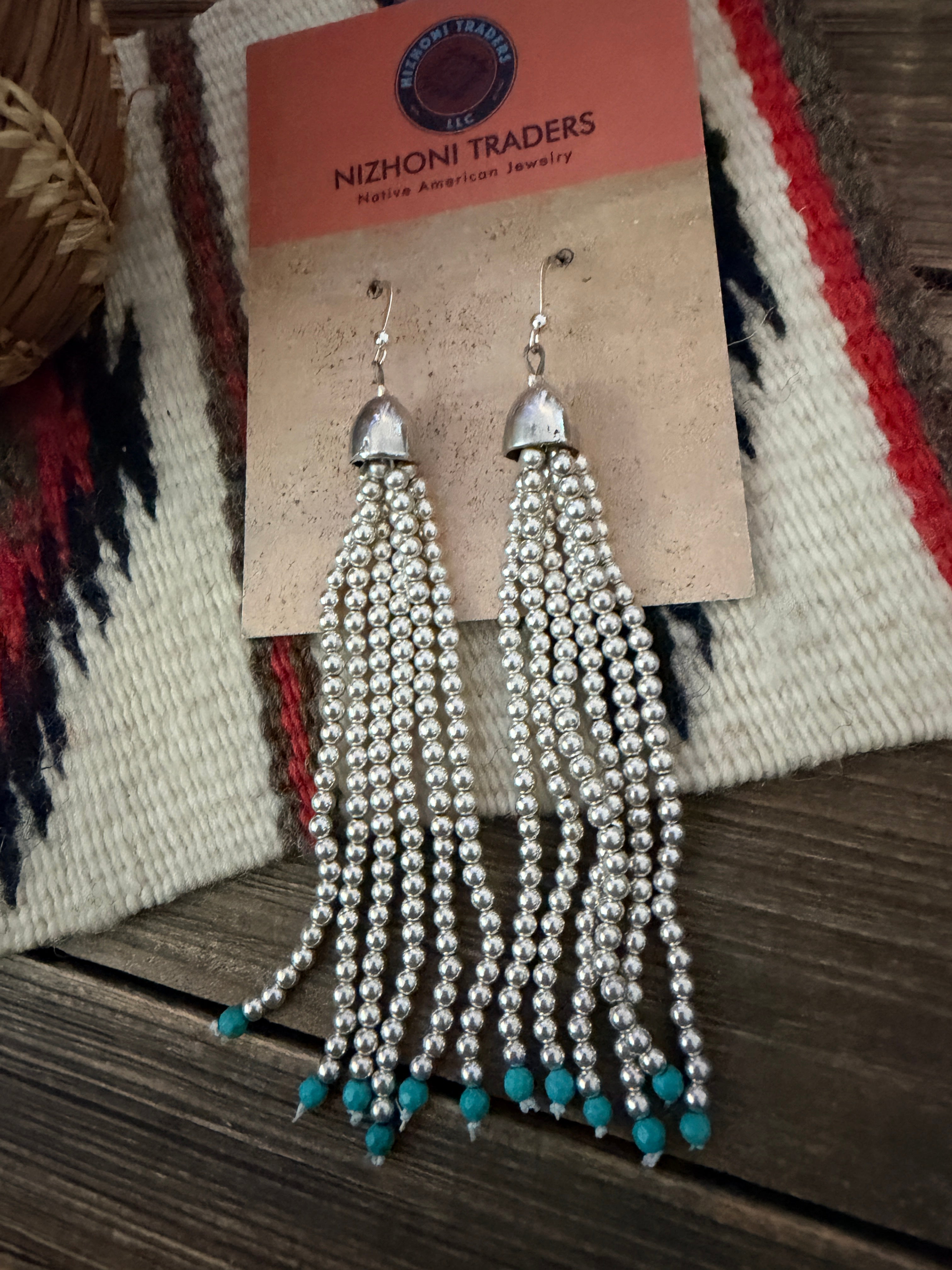 Handcrafted Turquoise & Sterling Silver Pearl Beaded Tassel Dangle Earrings