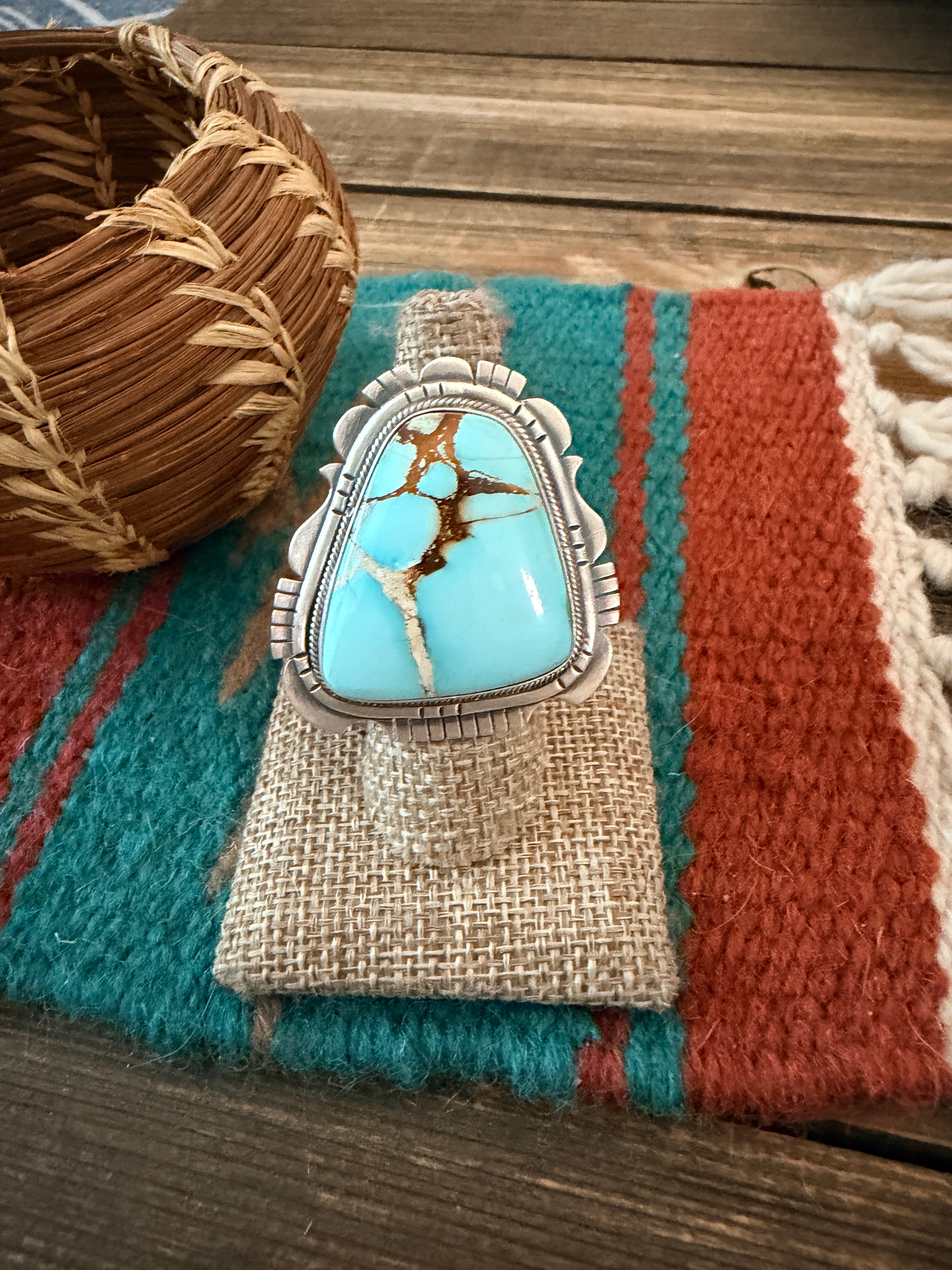 Handcrafted Golden Hills Turquoise & Sterling Silver Ring Size 8 by Daniel Benally