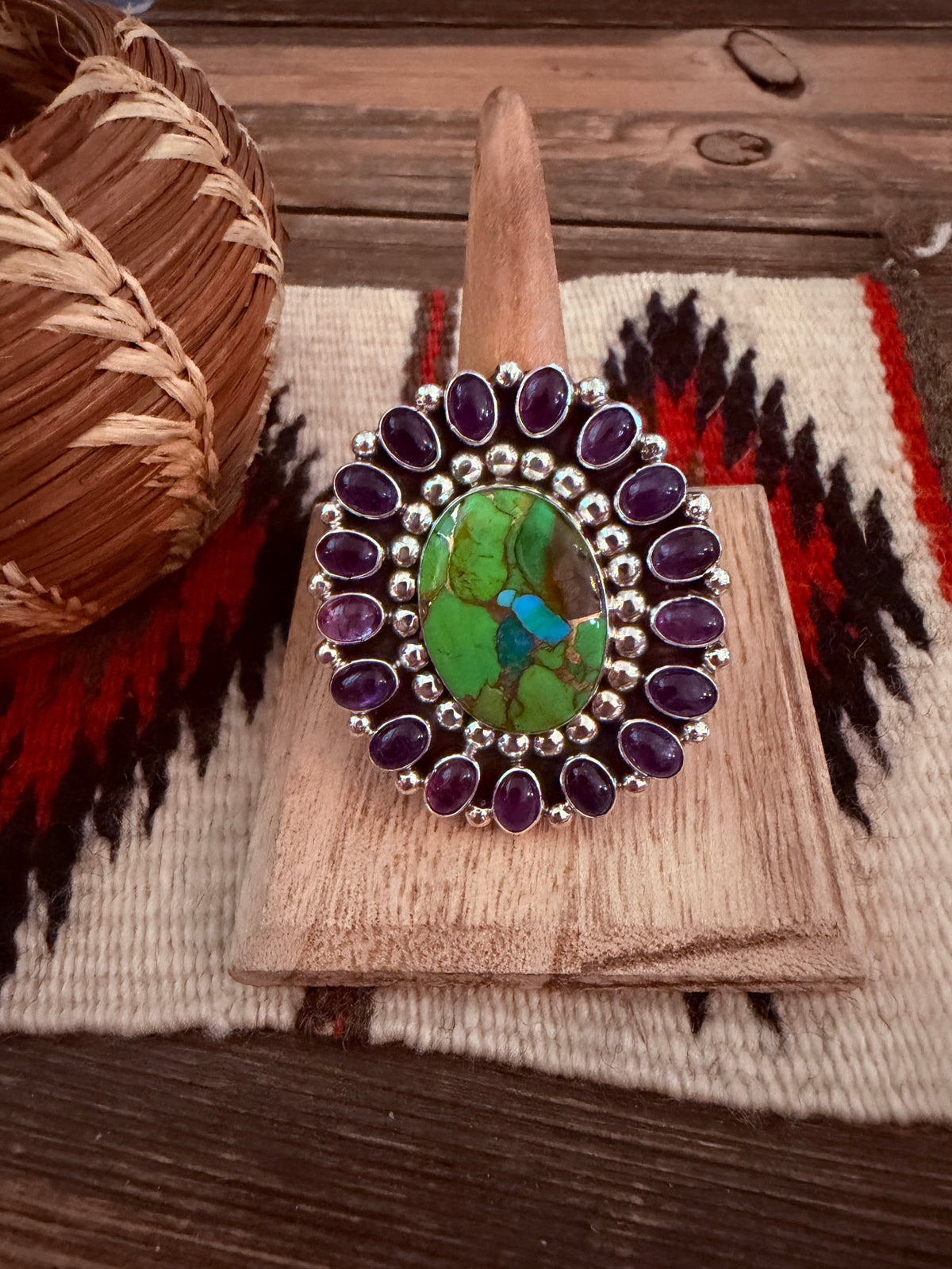 Handcrafted Mojave Turquoise, Amethyst & Sterling Silver Adjustable Cluster Ring