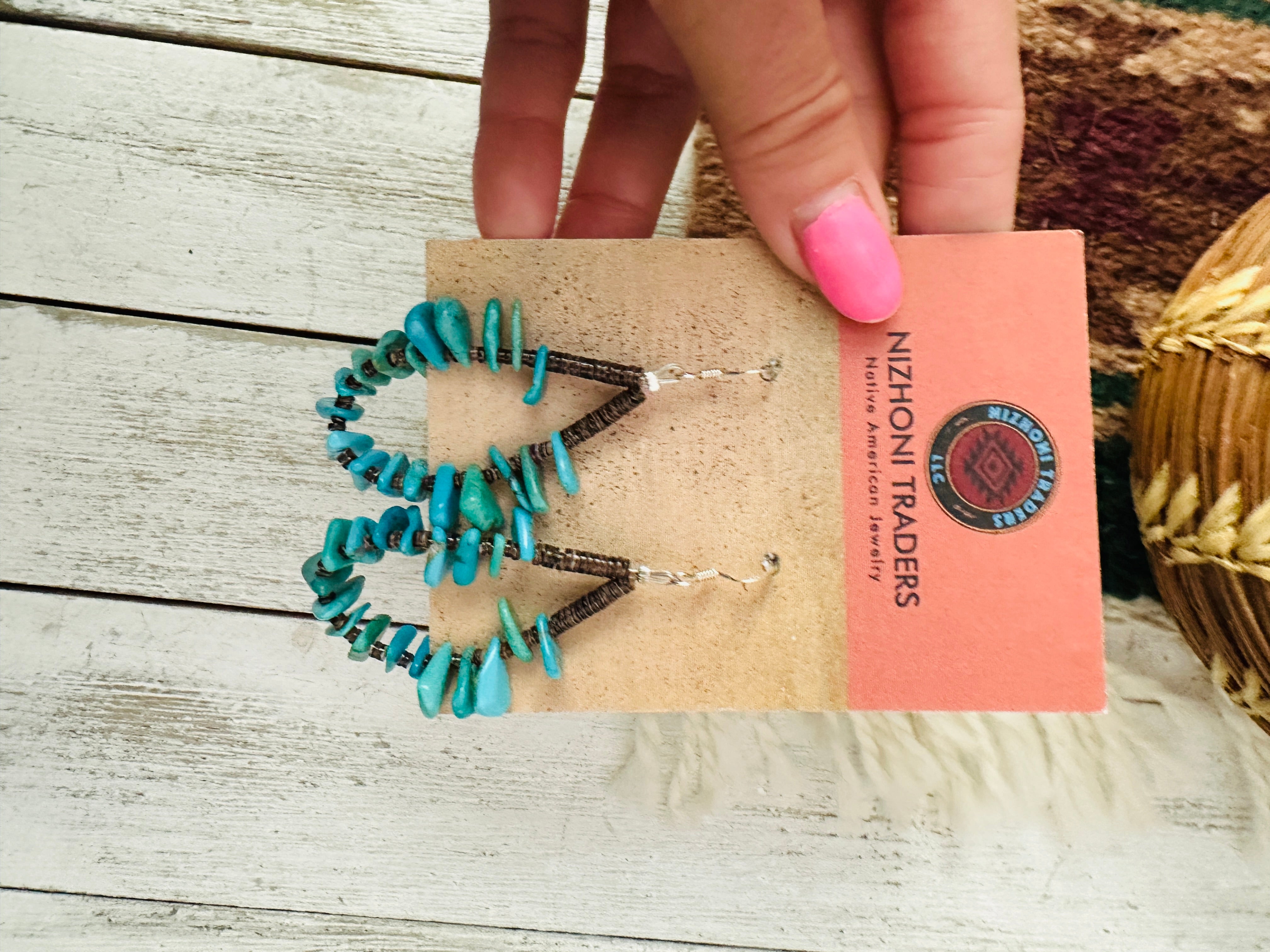 Navajo Turquoise & Heishi Beaded Hoop Earrings