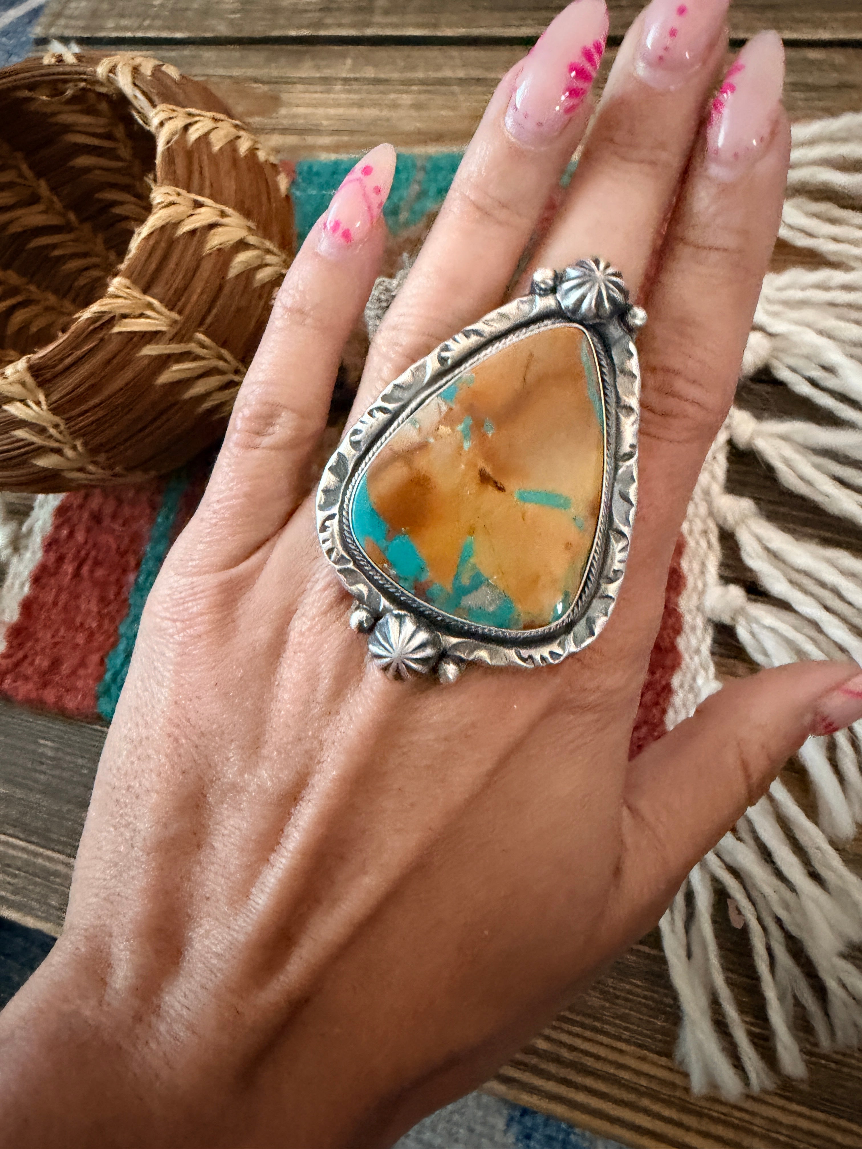 Handcrafted Royston Turquoise & Sterling Silver Adjustable Ring