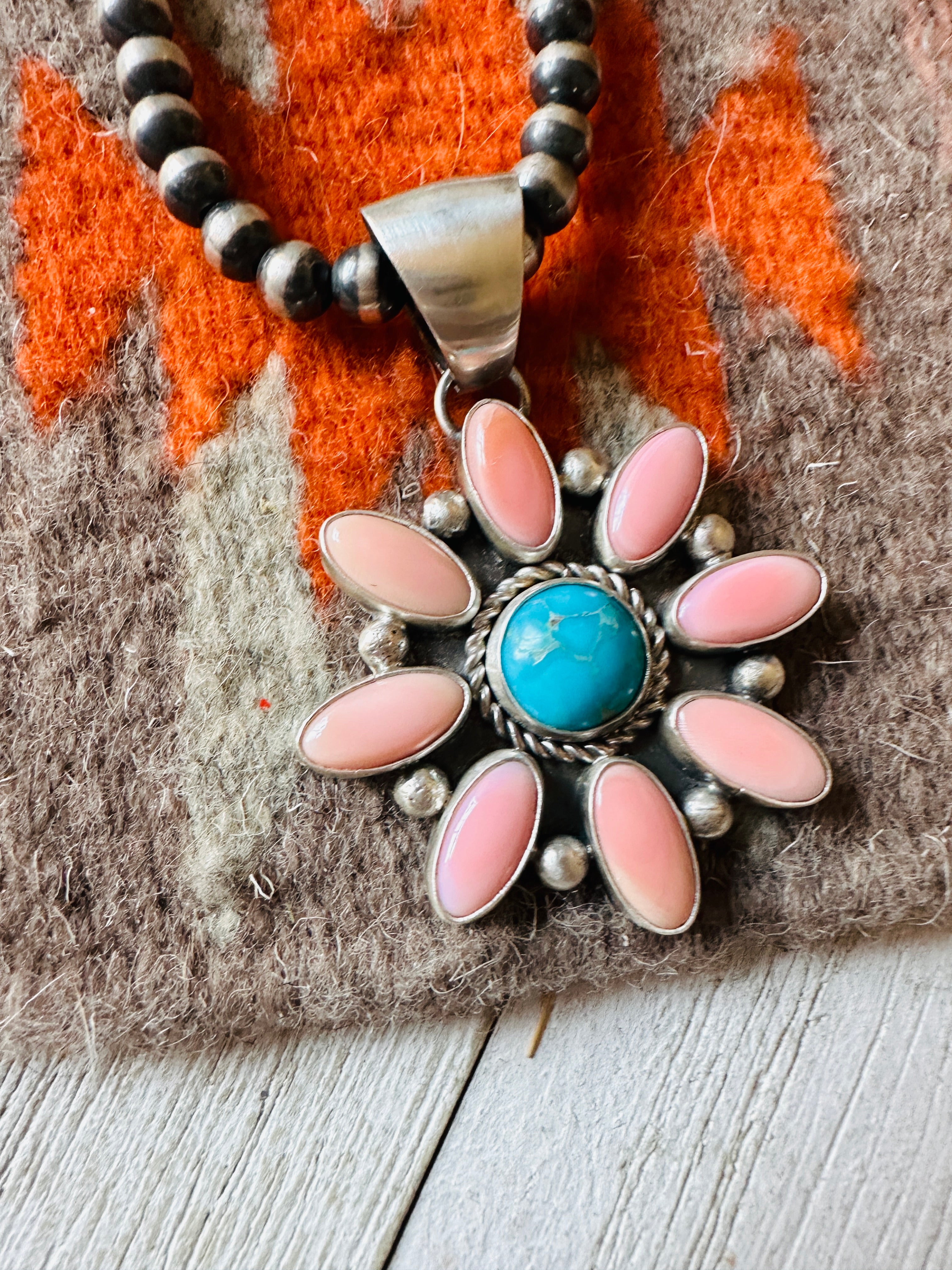 Navajo Queen Pink Conch, Turquoise & Sterling Silver Cluster Pendant