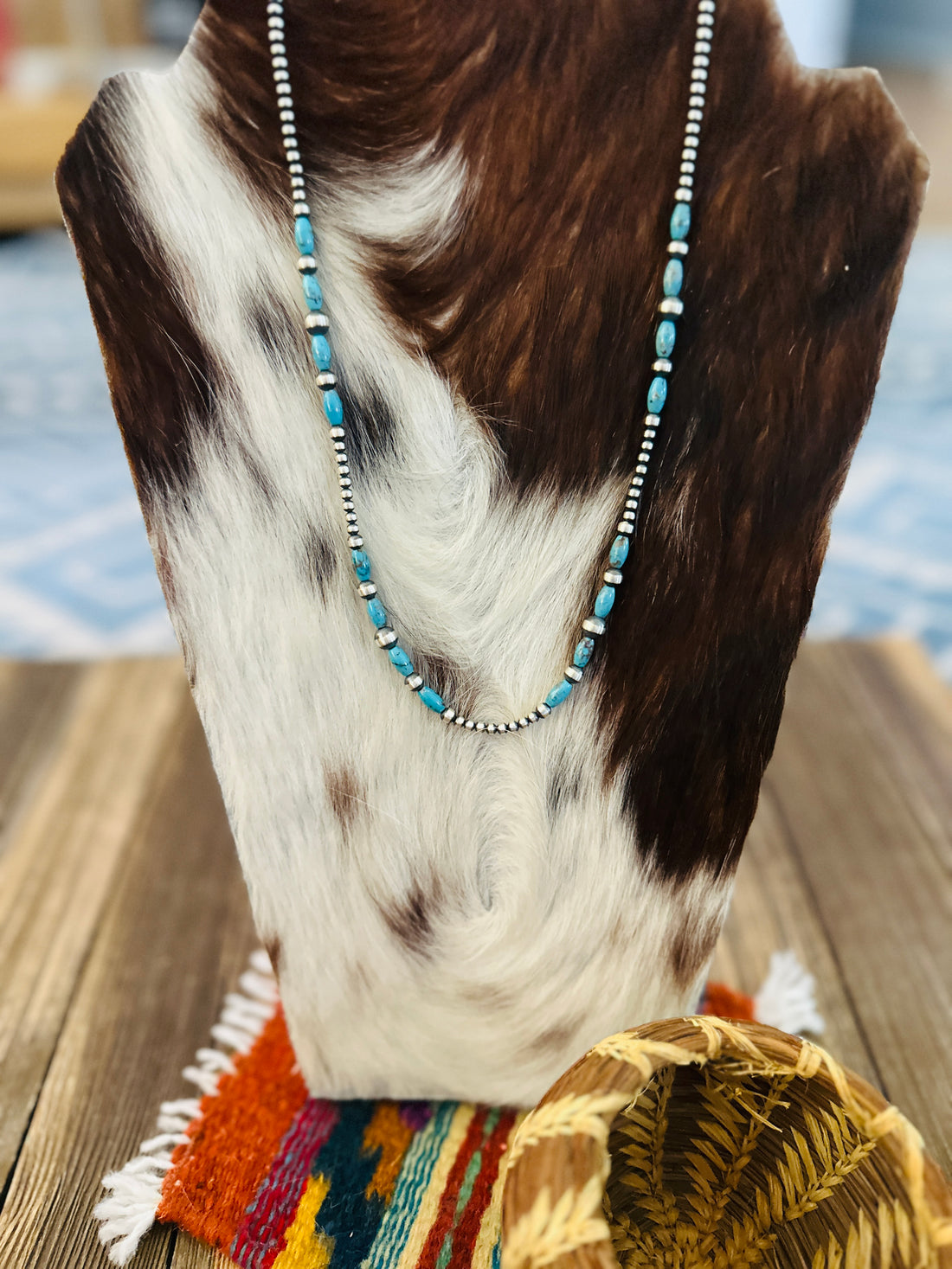 Handcrafted Turquoise & Sterling Silver Pearl 20” Beaded Necklace