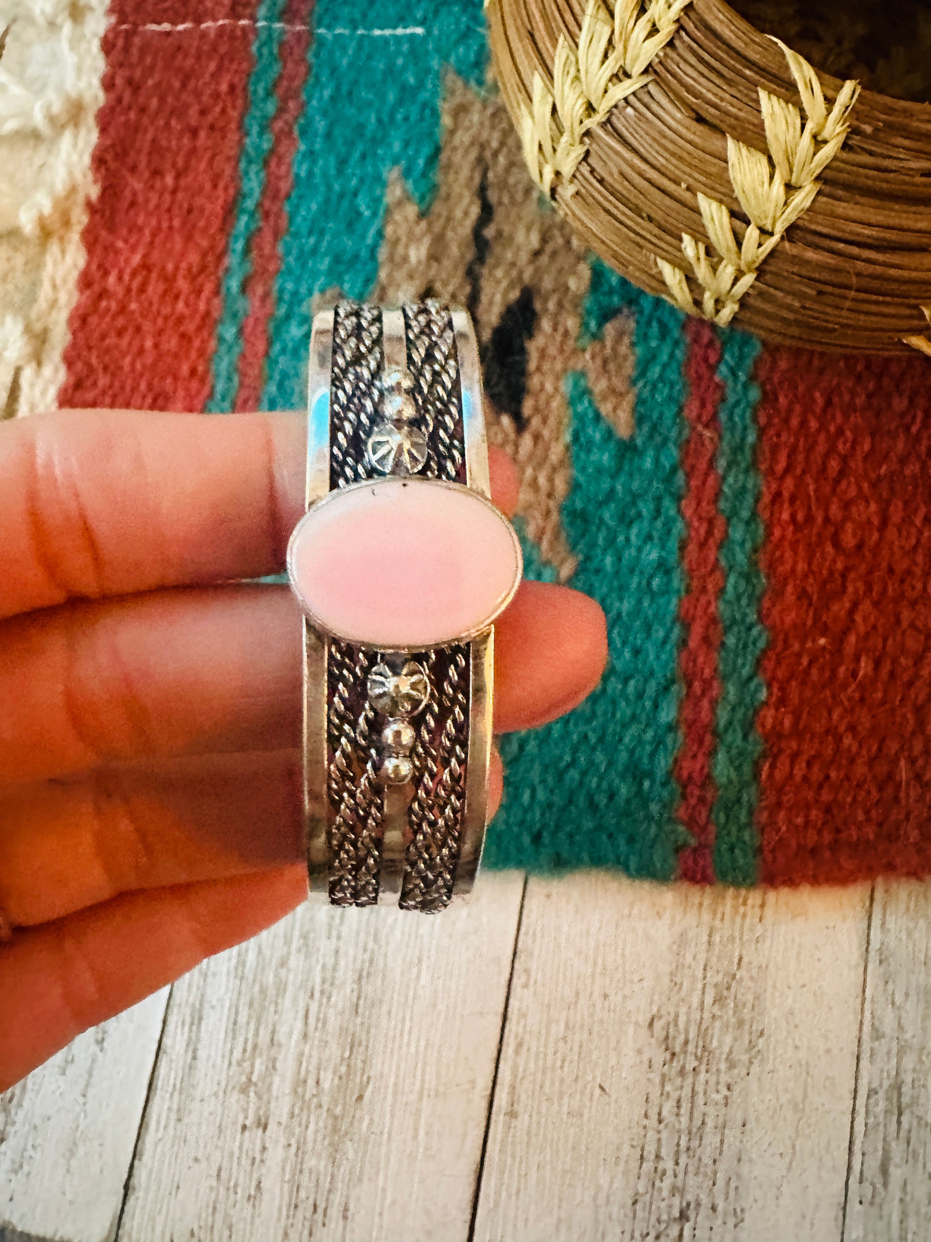 Navajo Queen Pink Conch Shell & Sterling Silver Cuff Bracelet