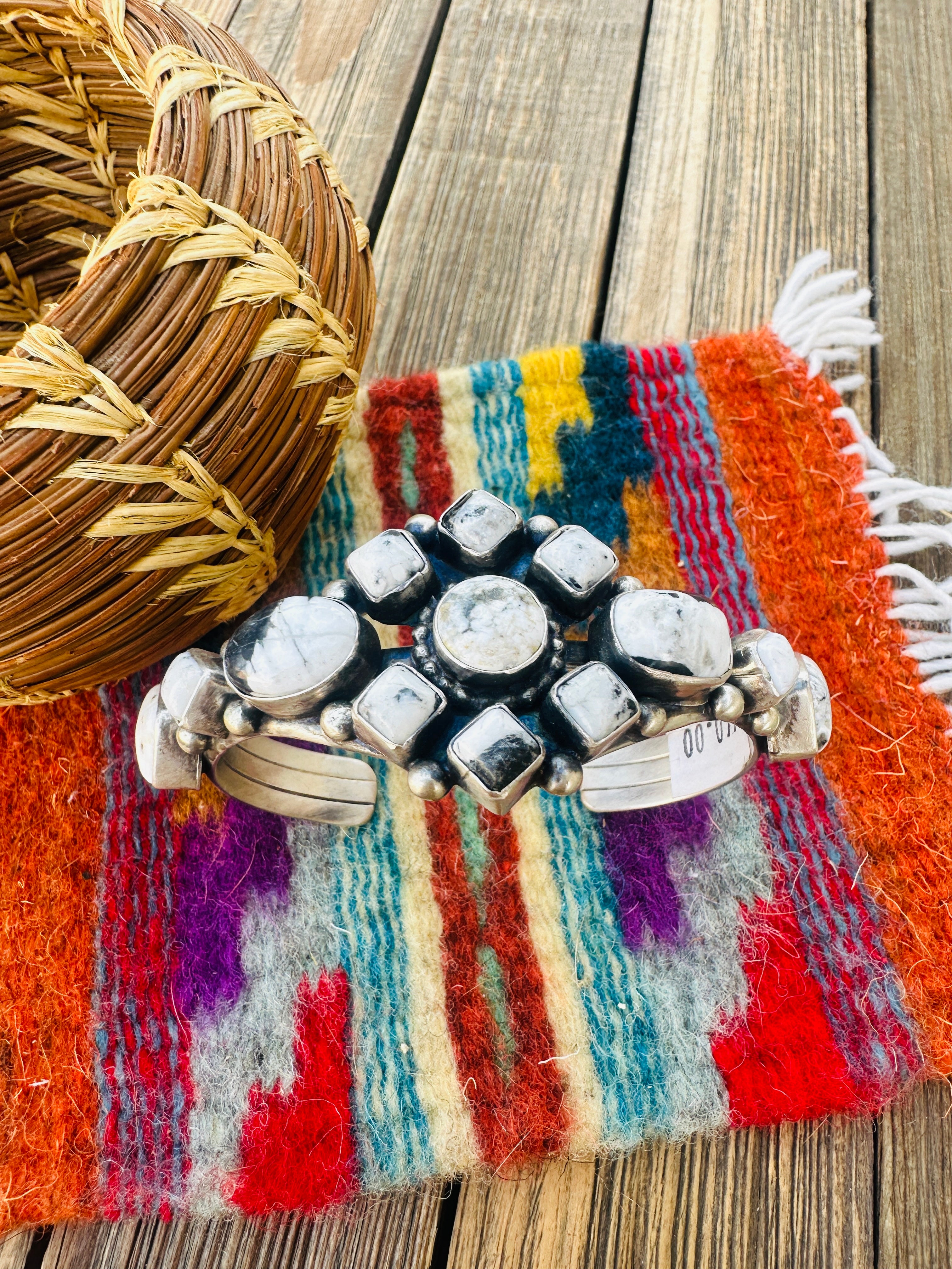 Handcrafted Sterling Silver & White Buffalo Cluster Cuff Bracelet by Bobby Johnson