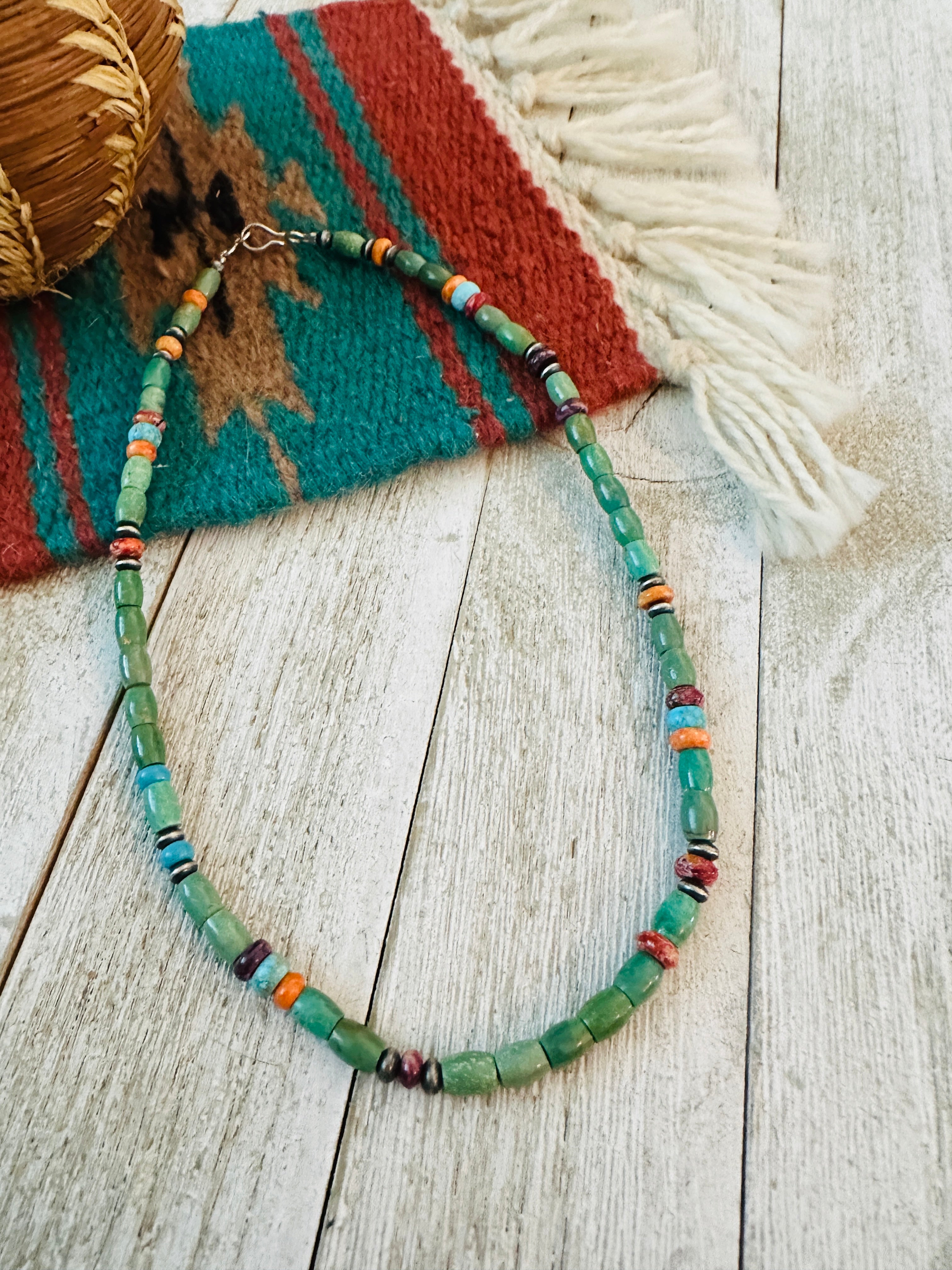 Handcrafted Turquoise, Spiny & Sterling Silver 16” Beaded Necklace