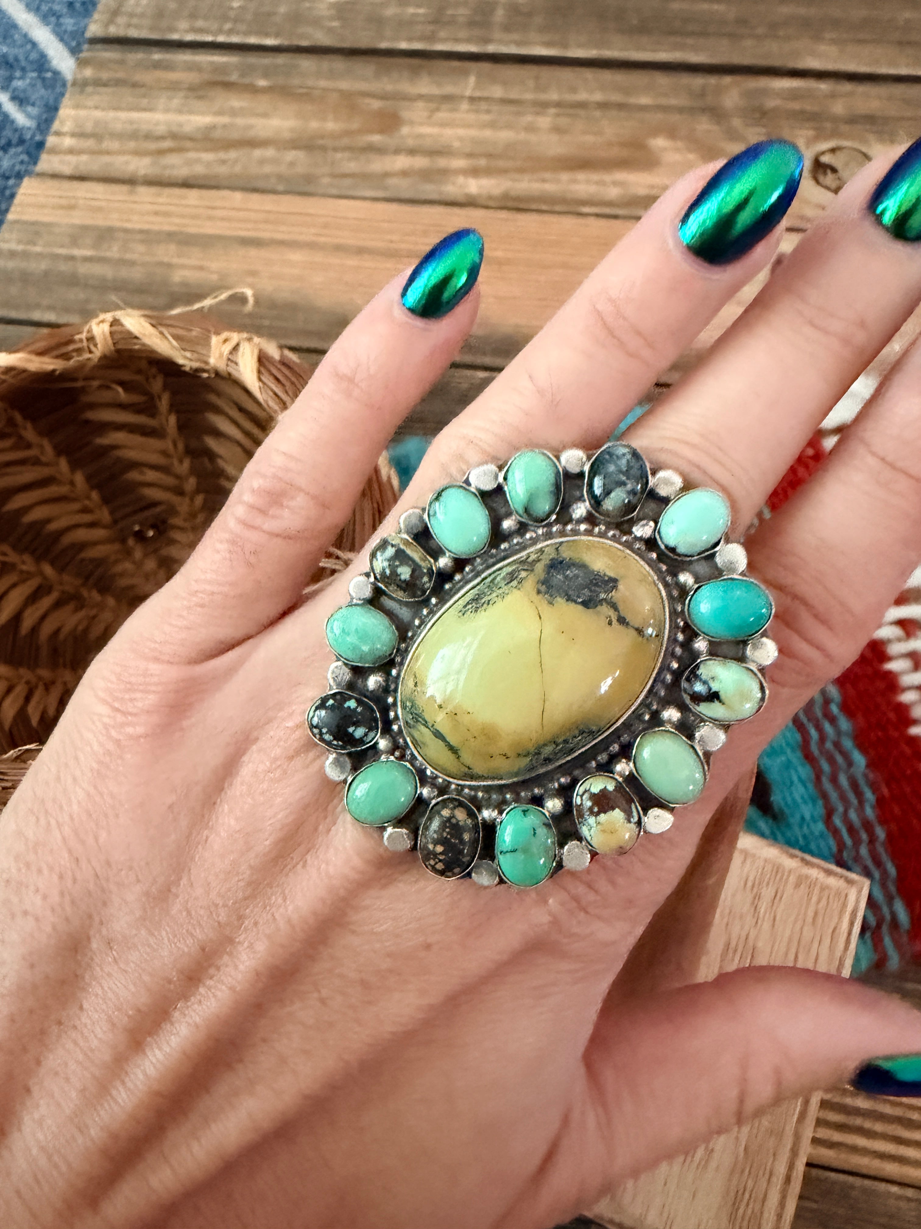 Handcrafted Multi Turquoise & Sterling Silver Cluster Ring by Sheila Becenti Size 7.25
