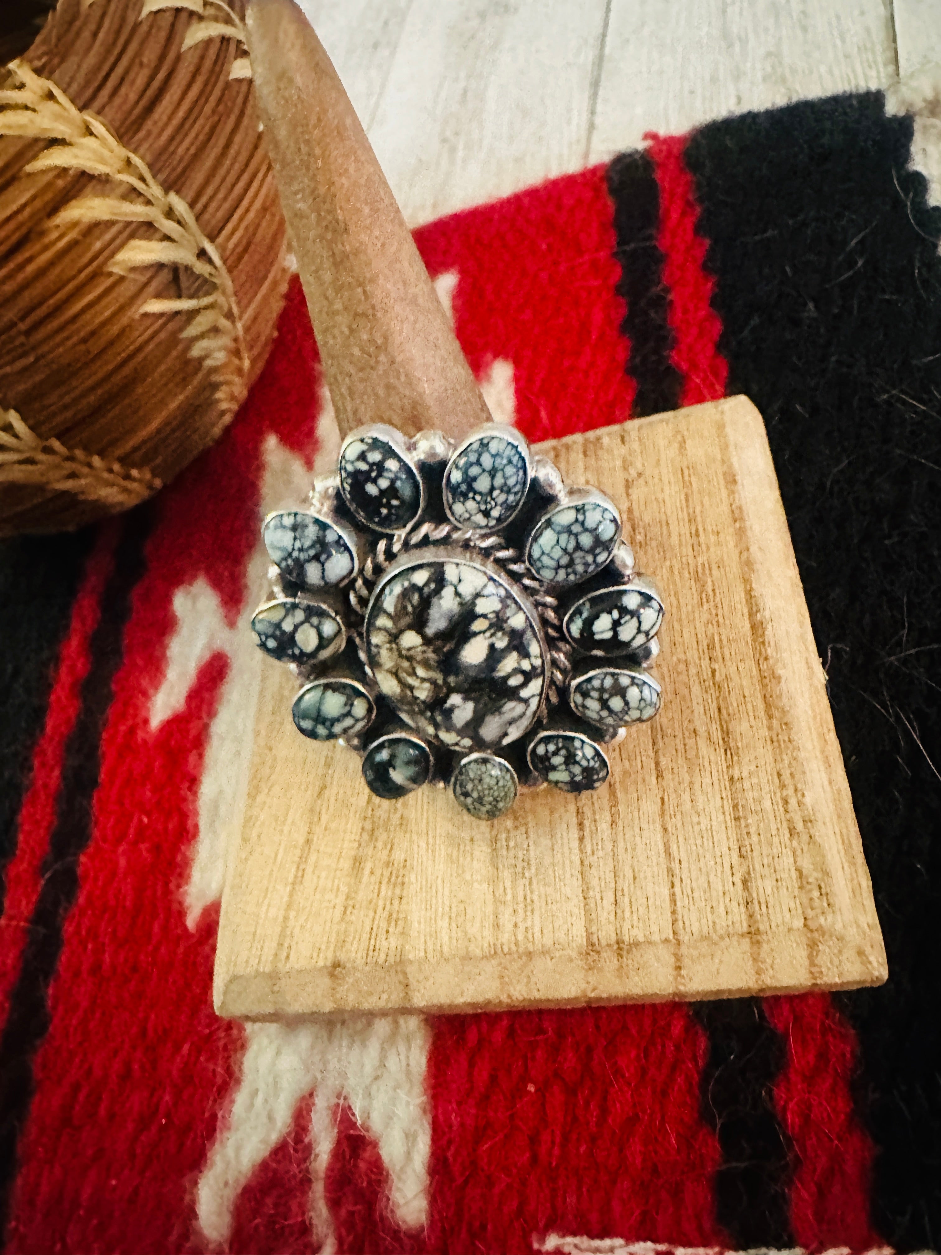 Handcrafted Sterling Silver & Tibetan Turquoise Cluster Adjustable Ring