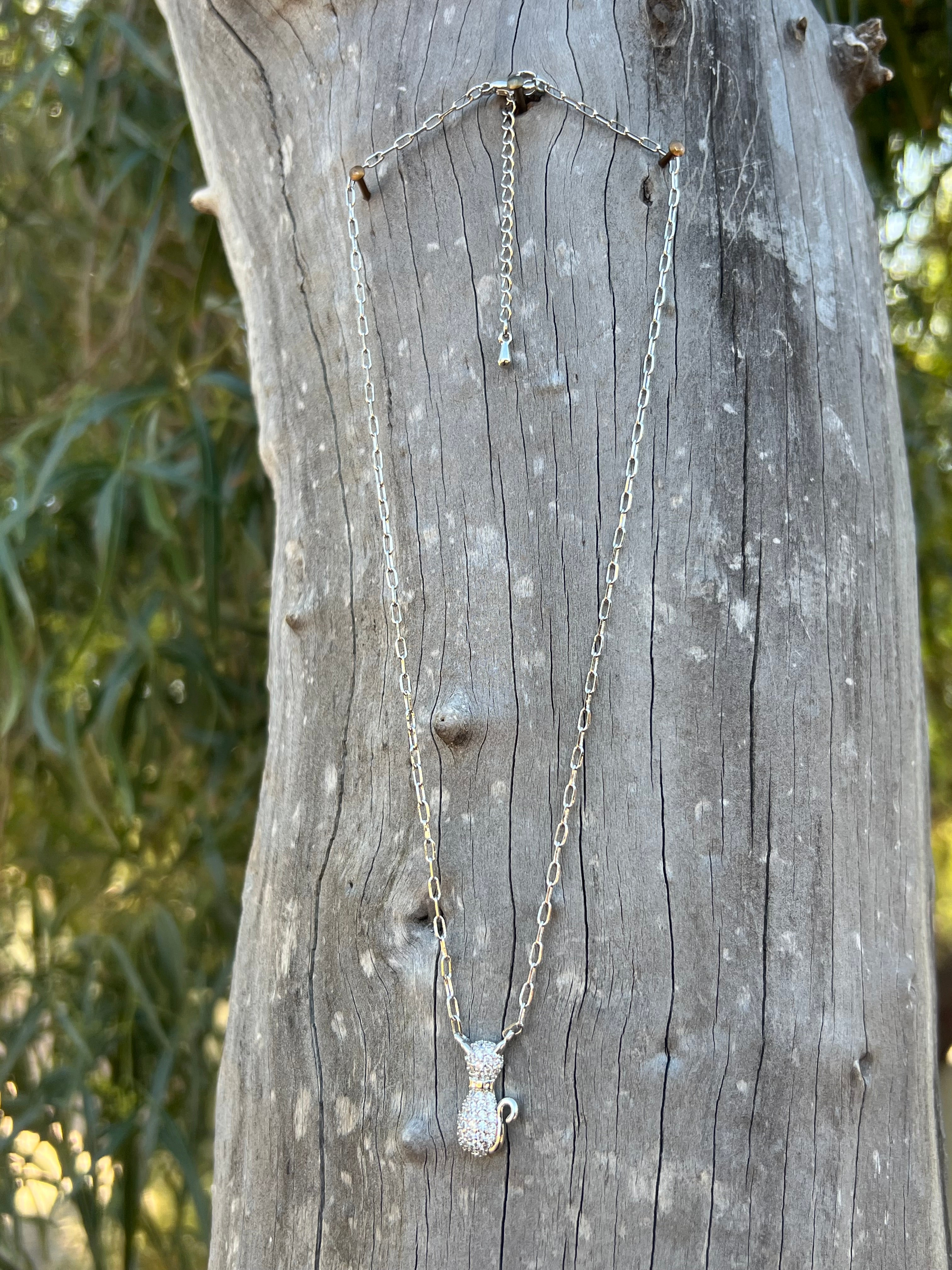 Silver Plated CZ Cat Pendant Chain Necklace