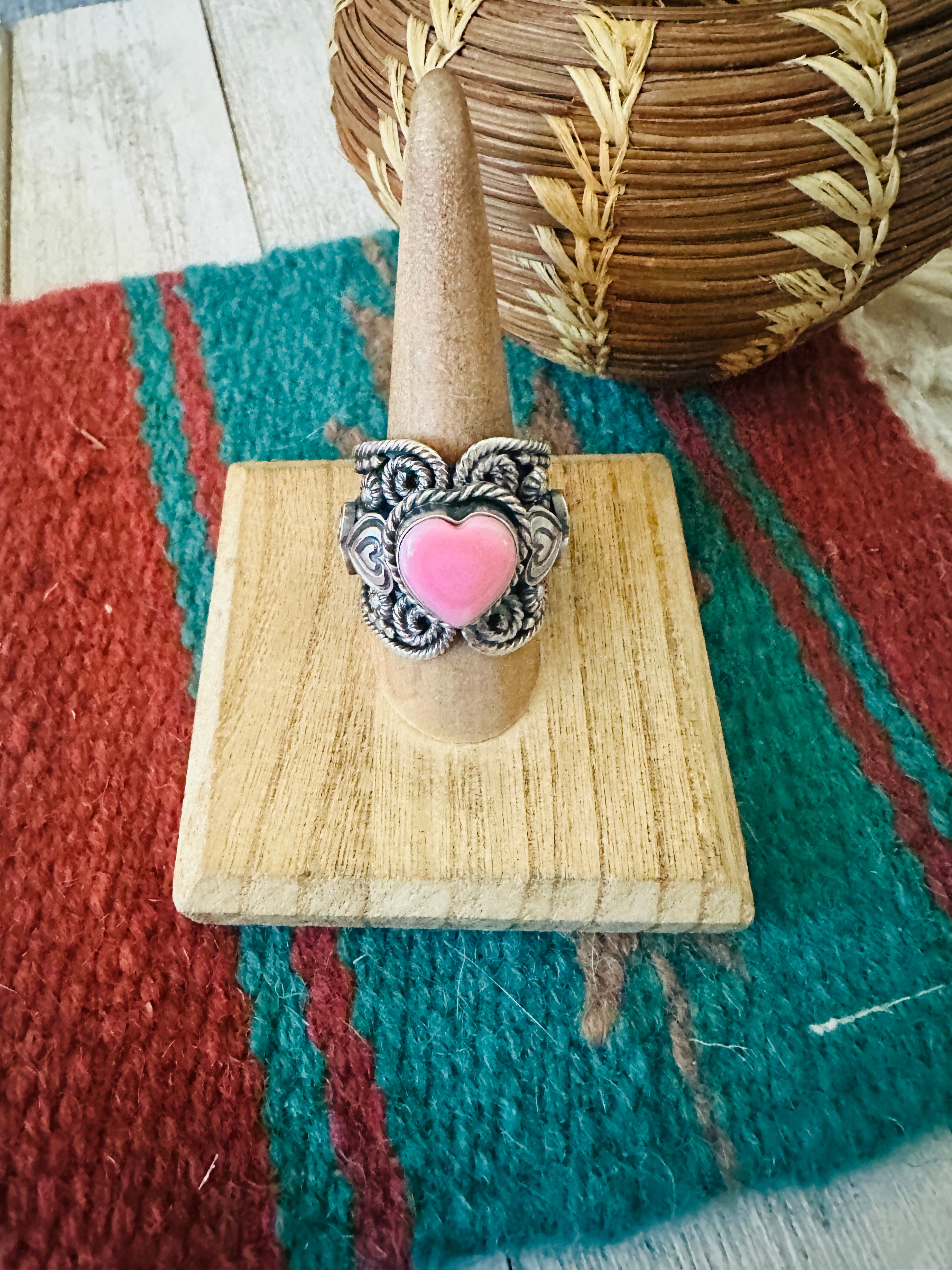 Navajo Sterling Silver and Queen Pink Conch Heart Ring Size 9