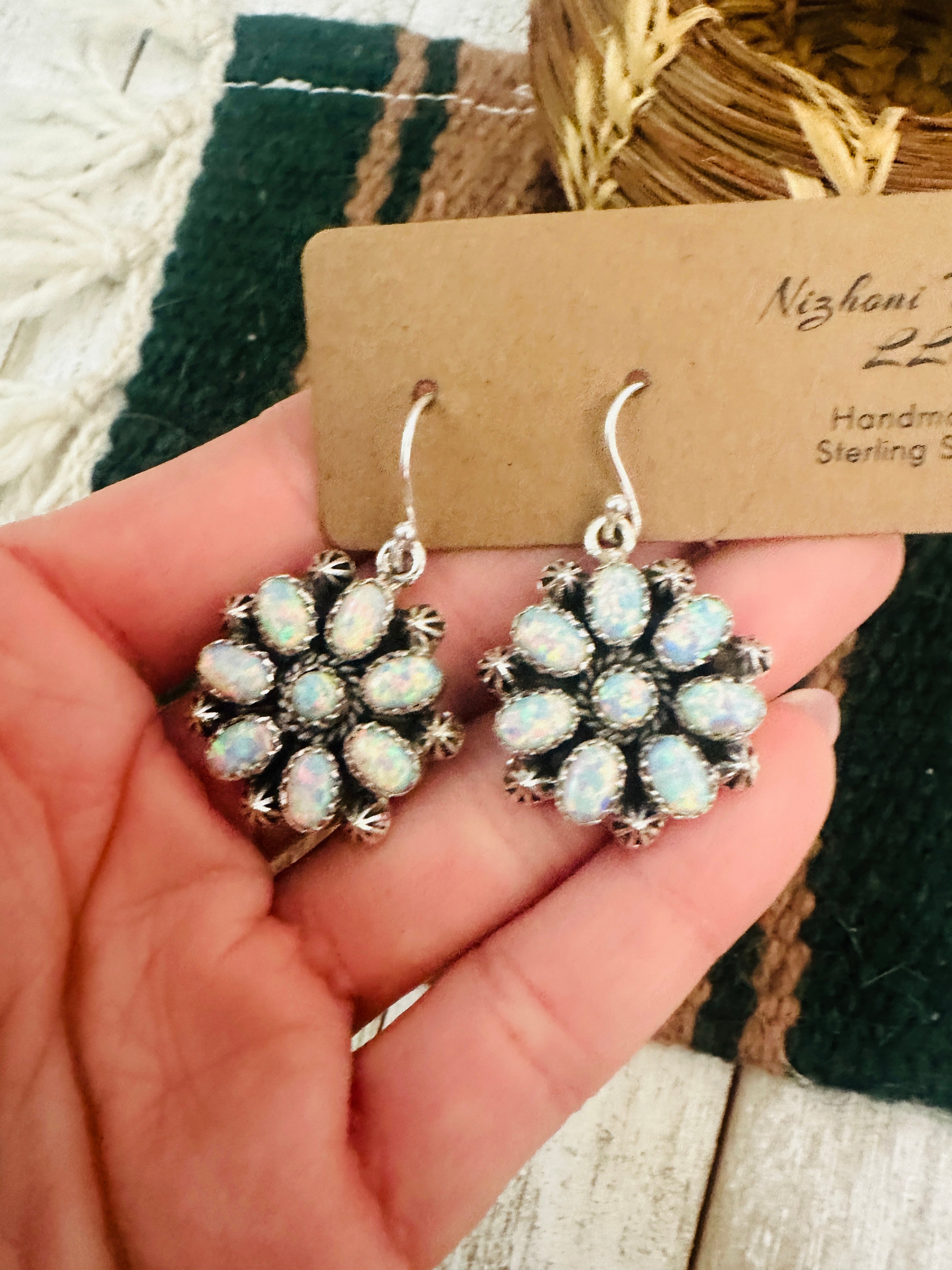 Handmade White Opal & Sterling Silver Cluster Dangle Earrings