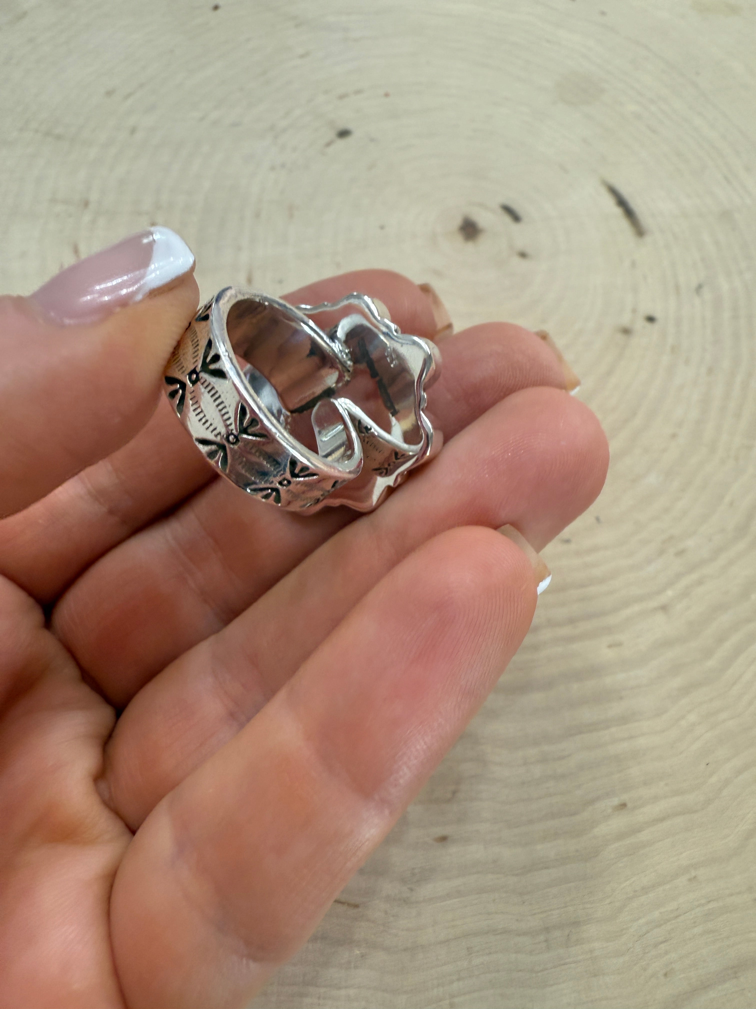 Handmade Pink Conch, CZ & Sterling Silver Adjustable Ring