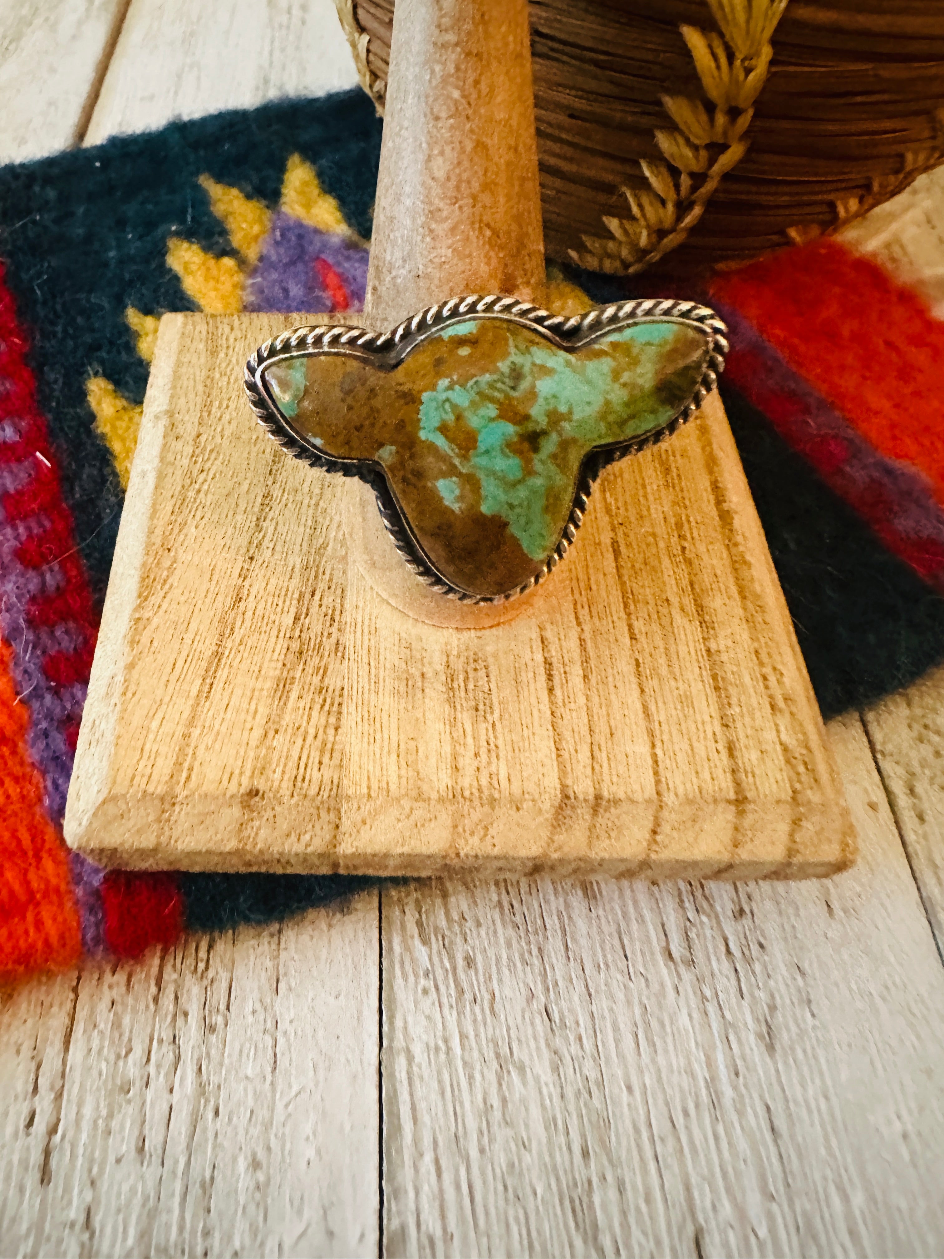 Navajo Royston Turquoise & Sterling Silver Bullhead Adjustable Ring